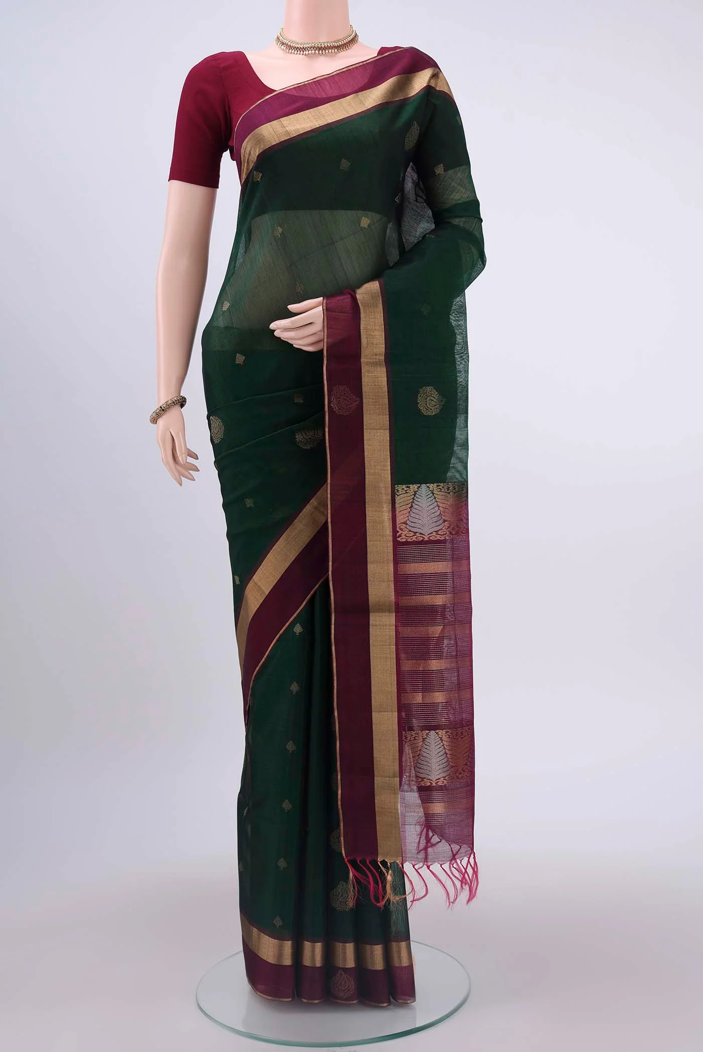Bottle Green Kora Cotton Saree