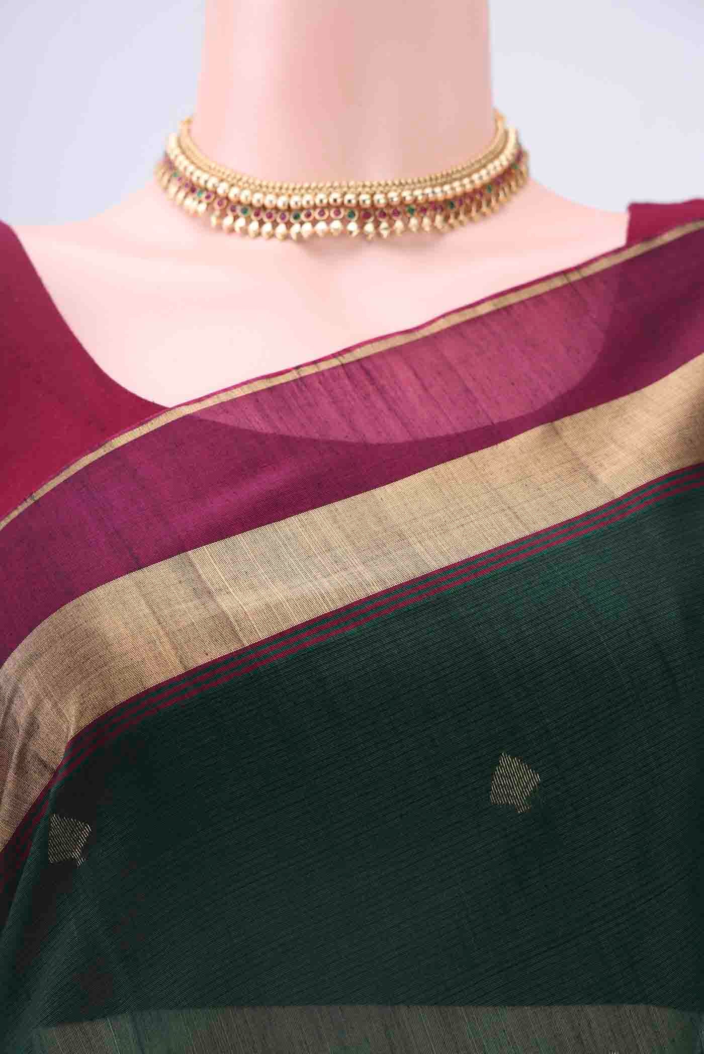 Bottle Green Kora Cotton Saree - Image 2