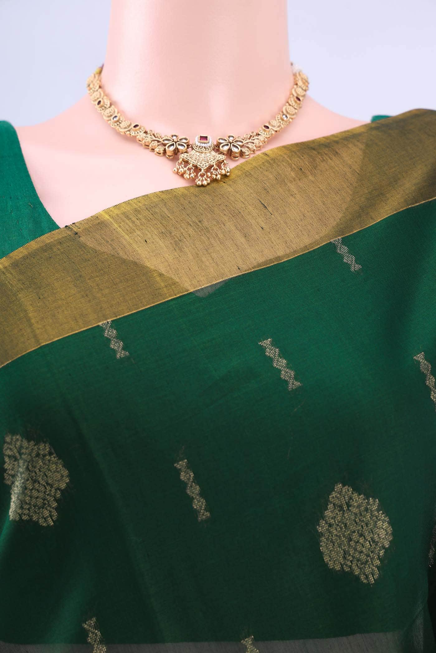 Bottle Green Kora Cotton Saree - Image 3
