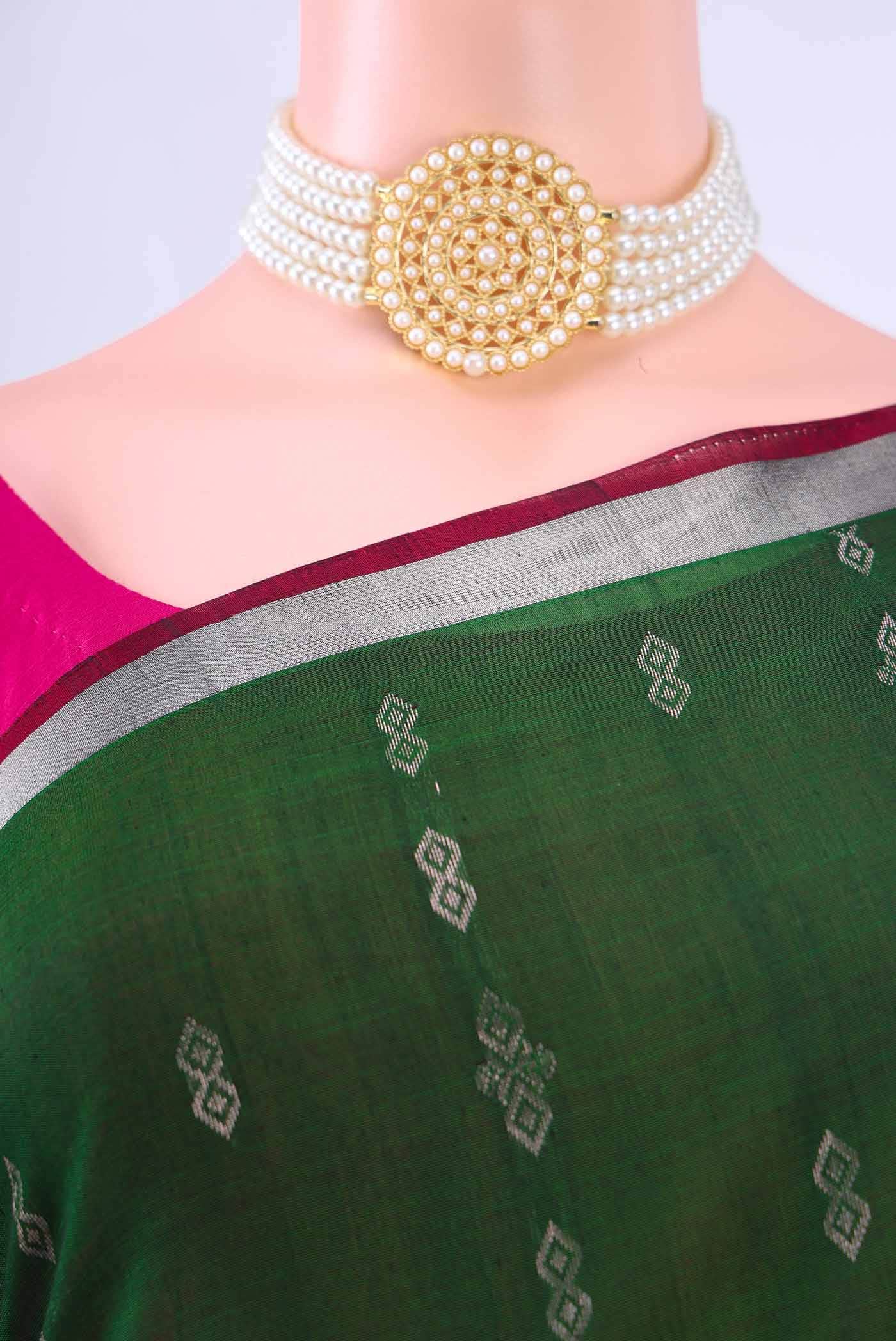 Bottle Green Kora Cotton Saree - Image 3