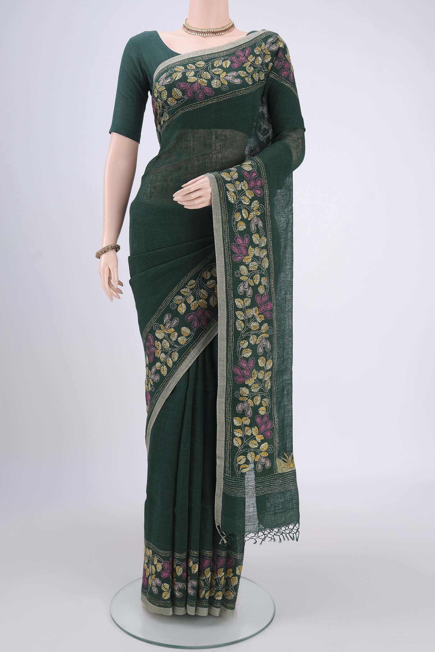 Bottle Green Linen Saree