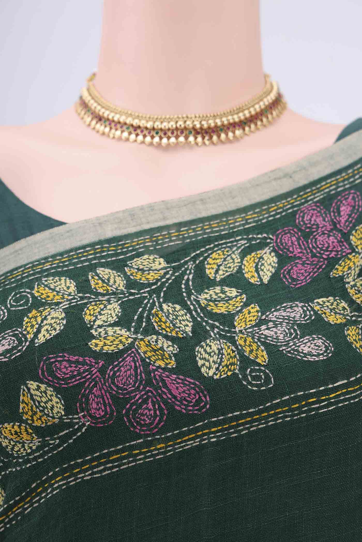 Bottle Green Linen Saree - Image 2