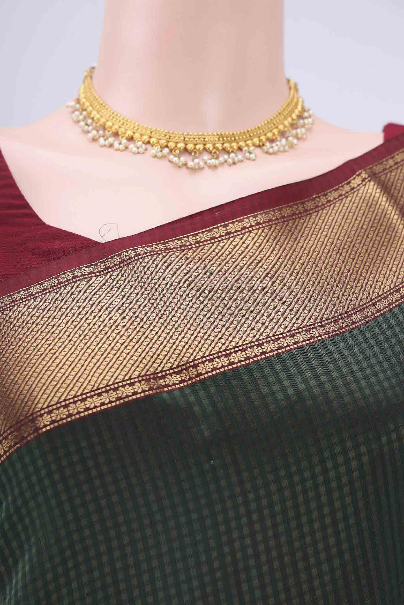 Bottle Green Maheshwari Silk Cotton Saree - Image 2