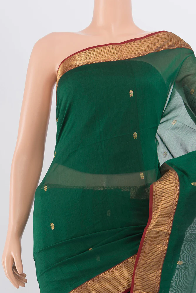 Bottle Green Maheshwari Silk Cotton Saree - Image 2