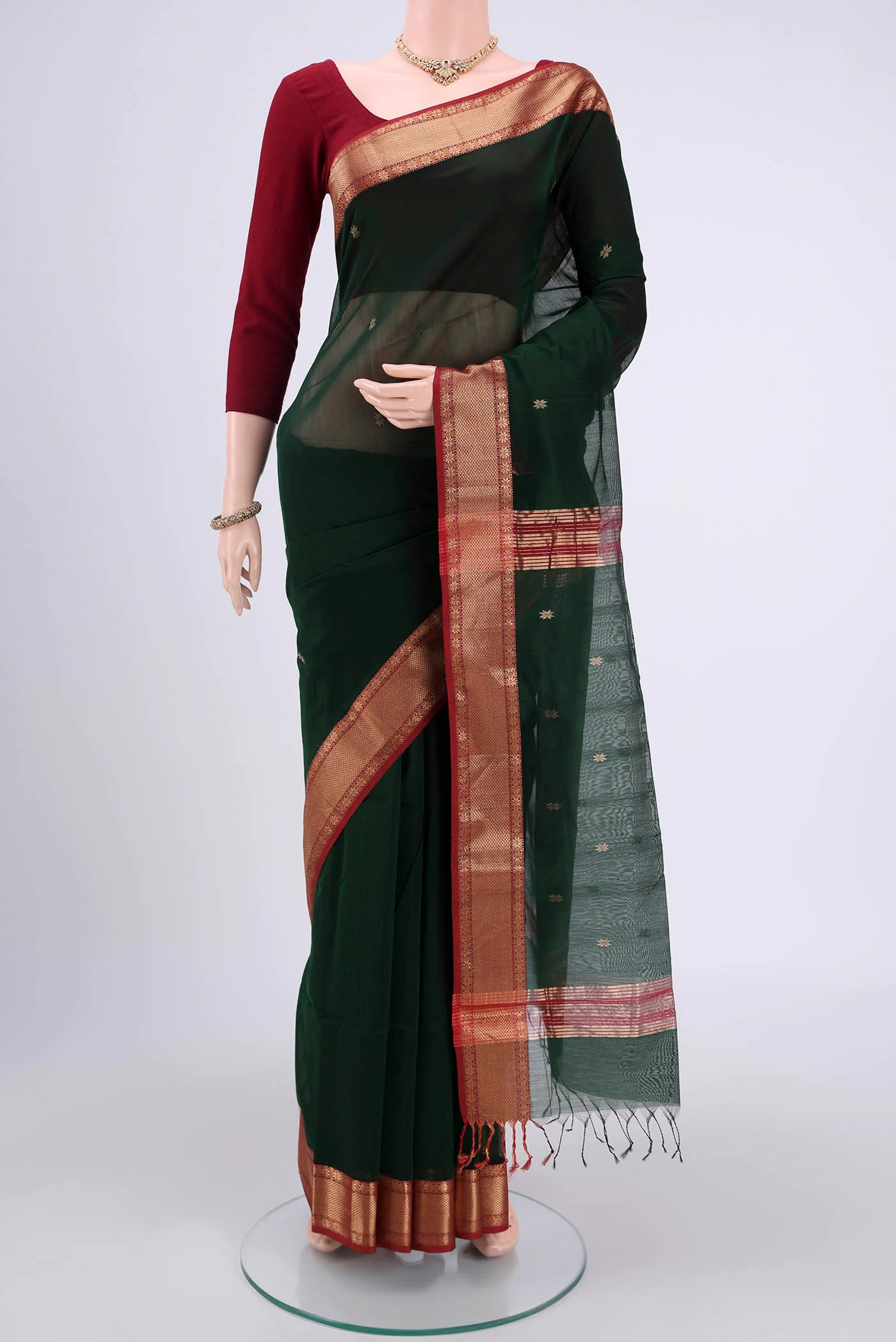 Bottle Green Maheshwari Silk Cotton Saree