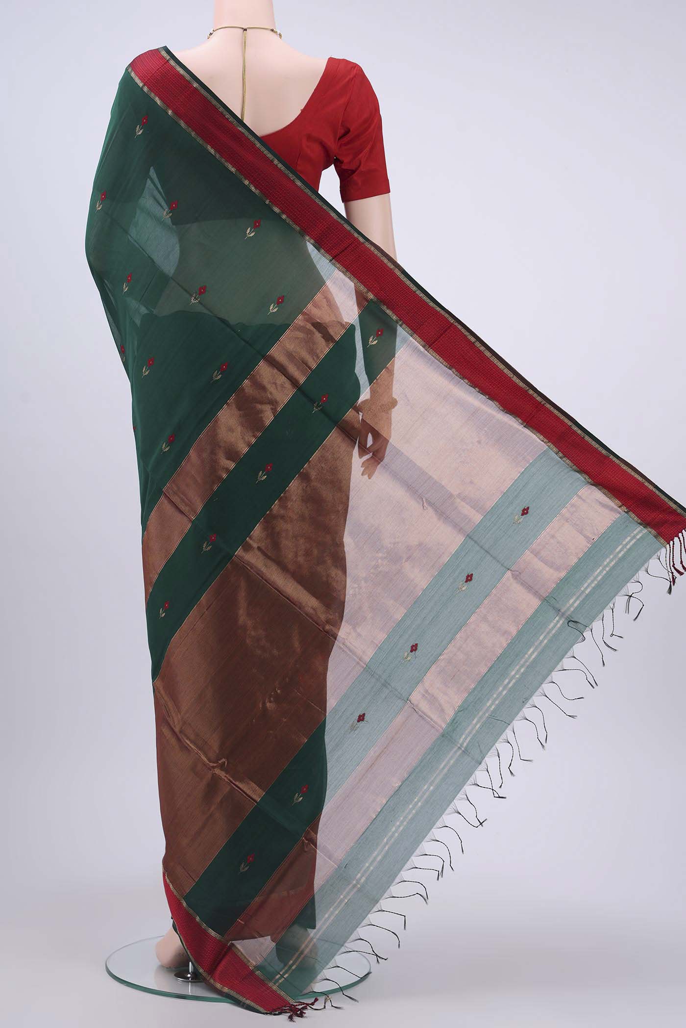 Bottle Green Maheshwari Silk Cotton Saree - Image 3