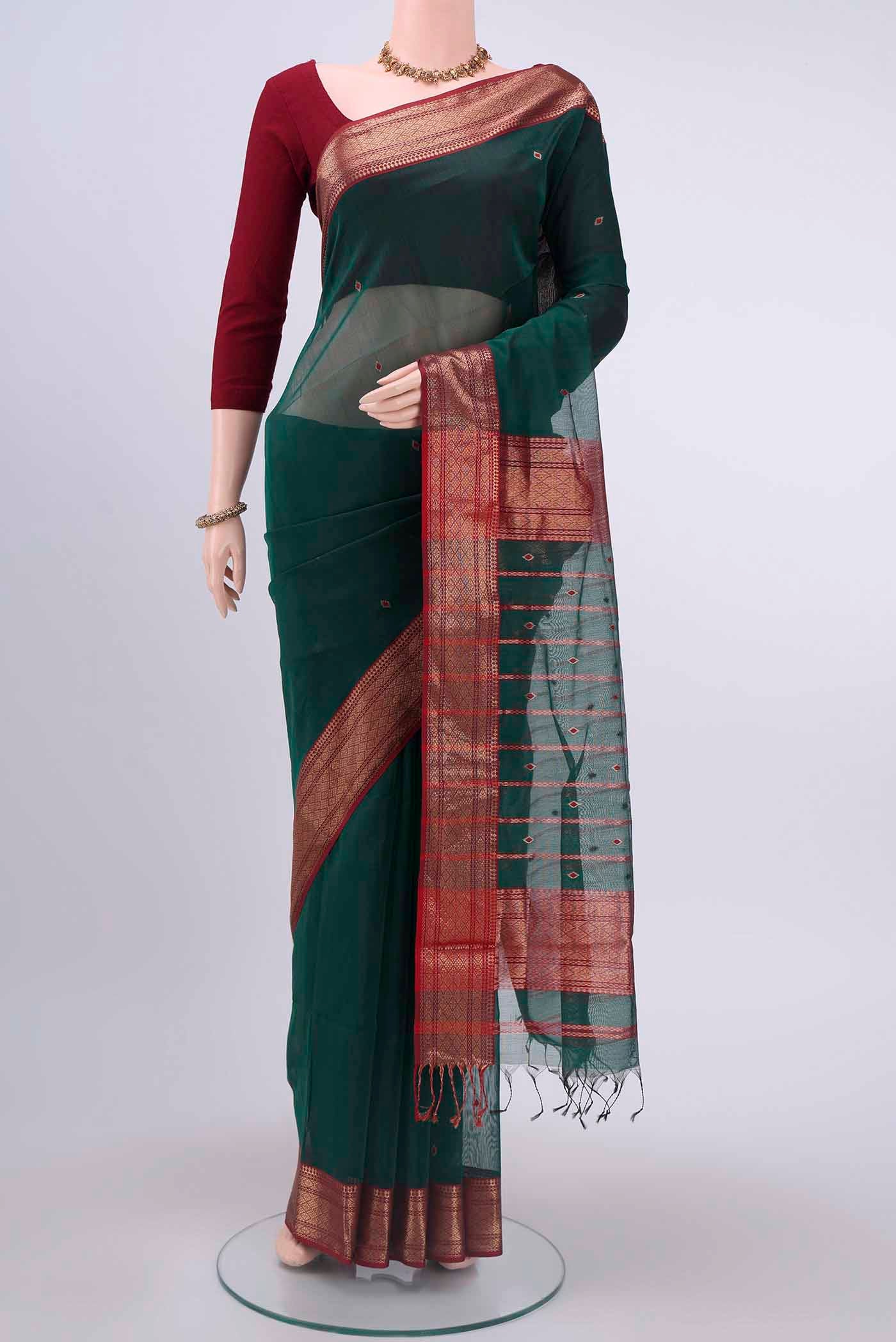 Bottle Green Maheshwari Silk Cotton Saree