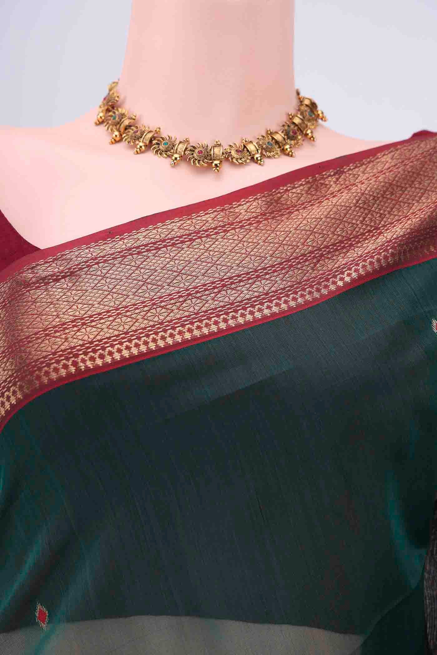 Bottle Green Maheshwari Silk Cotton Saree - Image 2