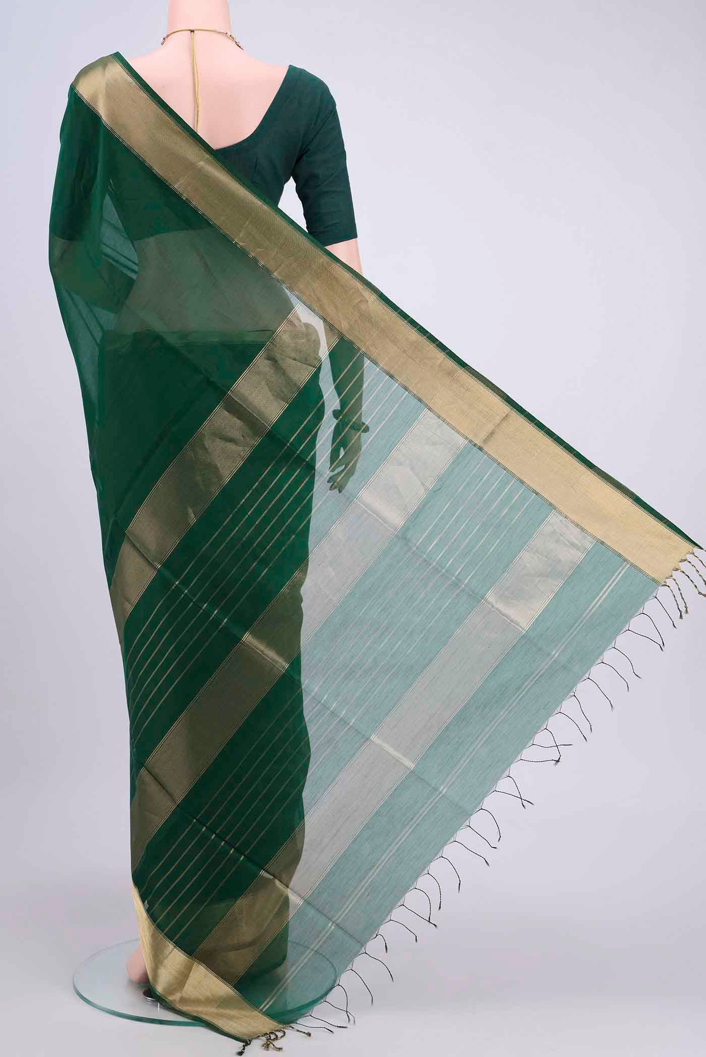 Bottle Green Maheshwari Silk Cotton Saree - Image 3
