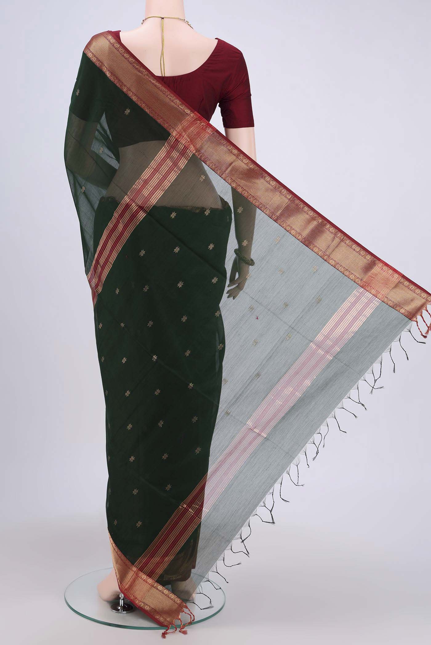 Bottle Green Maheshwari Silk Cotton Saree - Image 3