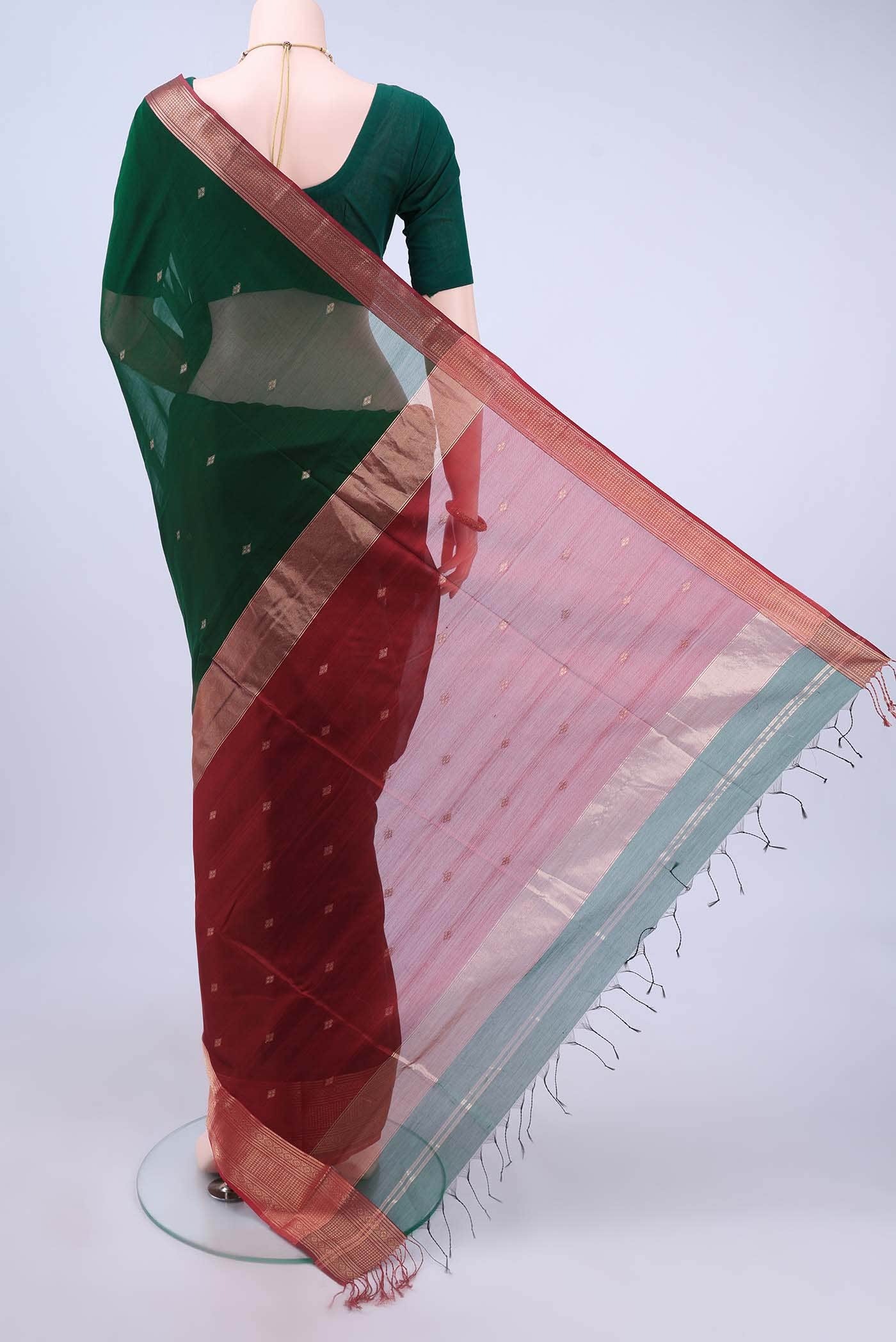 Bottle Green Maheshwari Silk Cotton Saree - Image 2