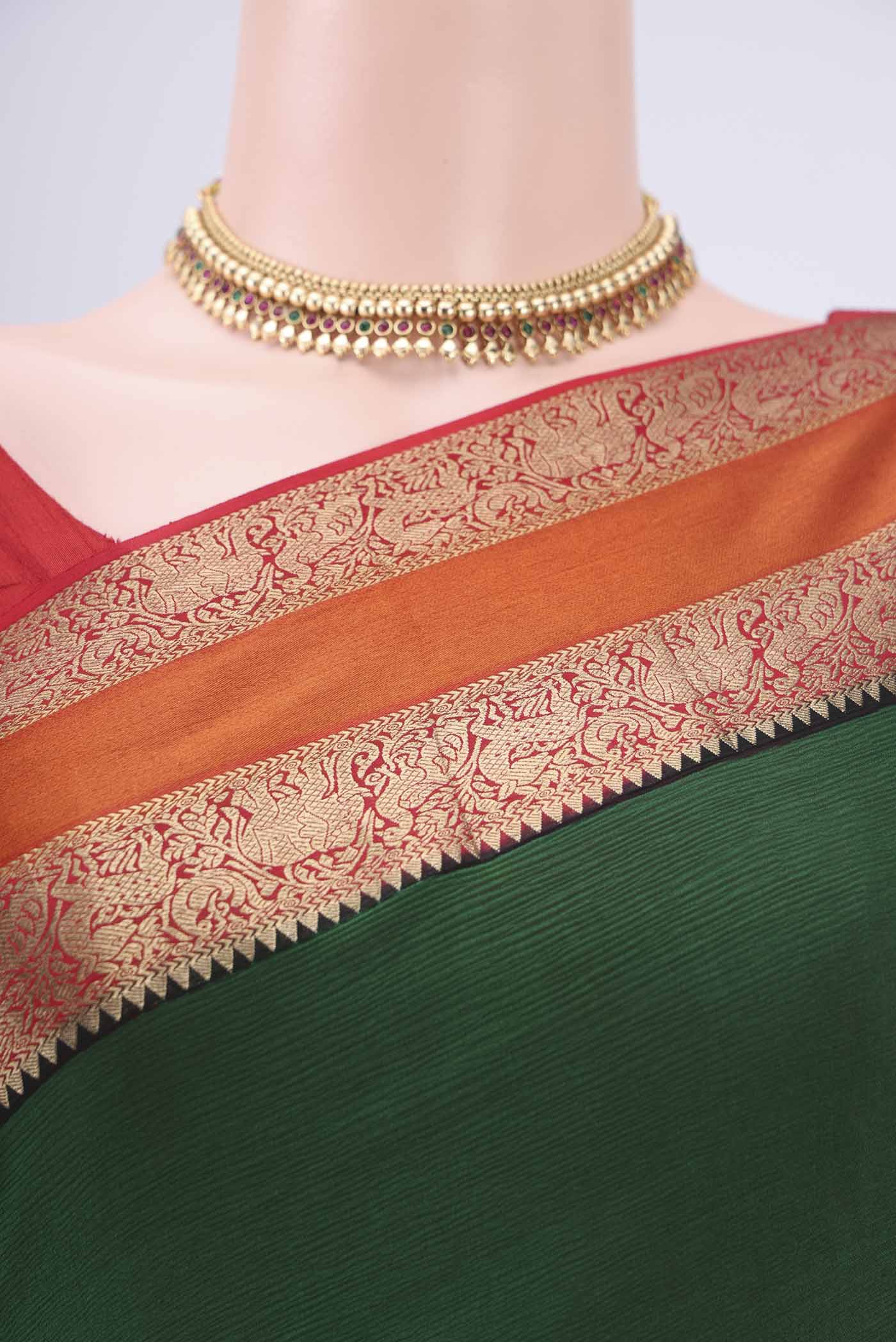 Bottle Green Mysore Chiffon Saree - Image 2