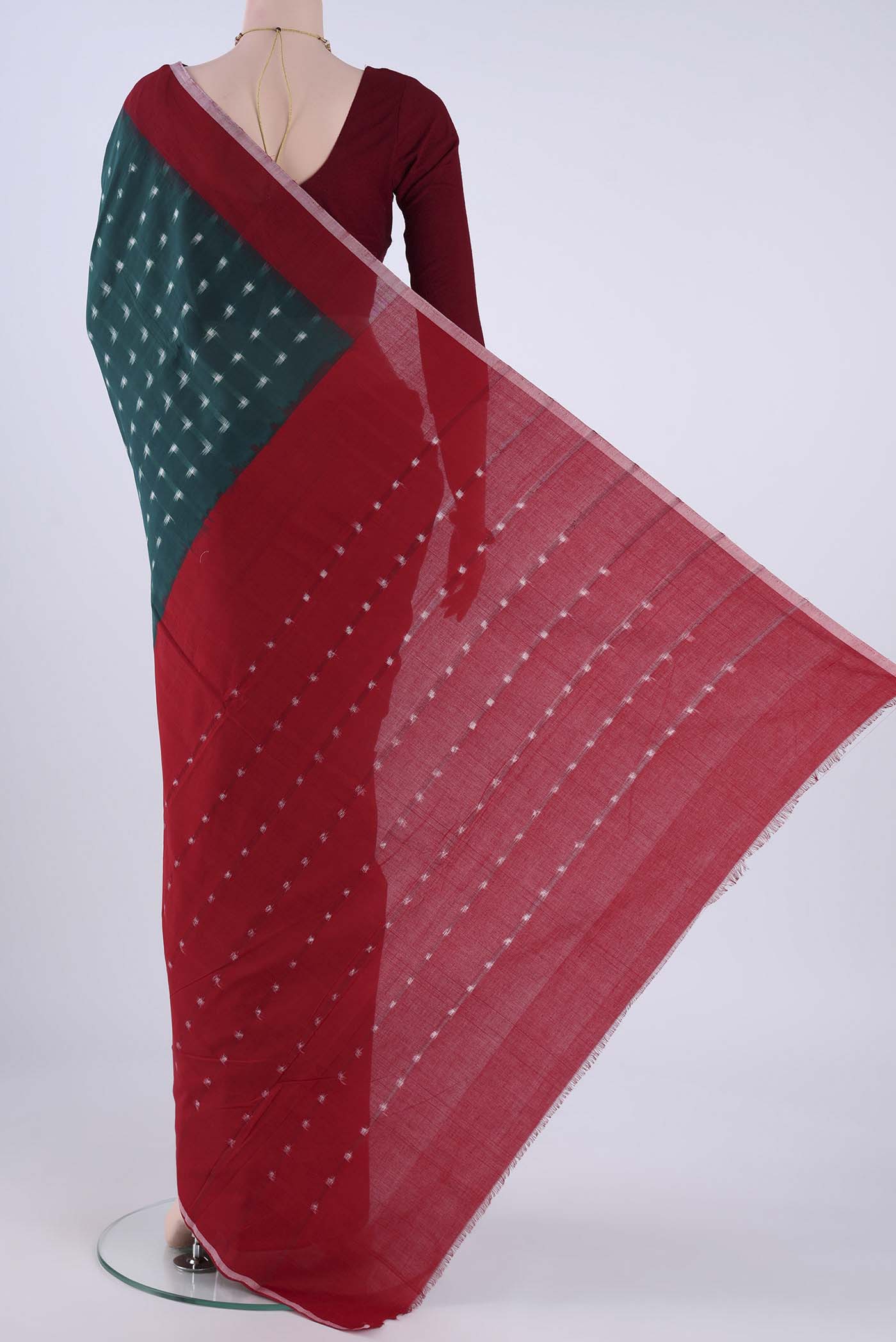 Bottle Green Pochampally Cotton Saree - Image 3