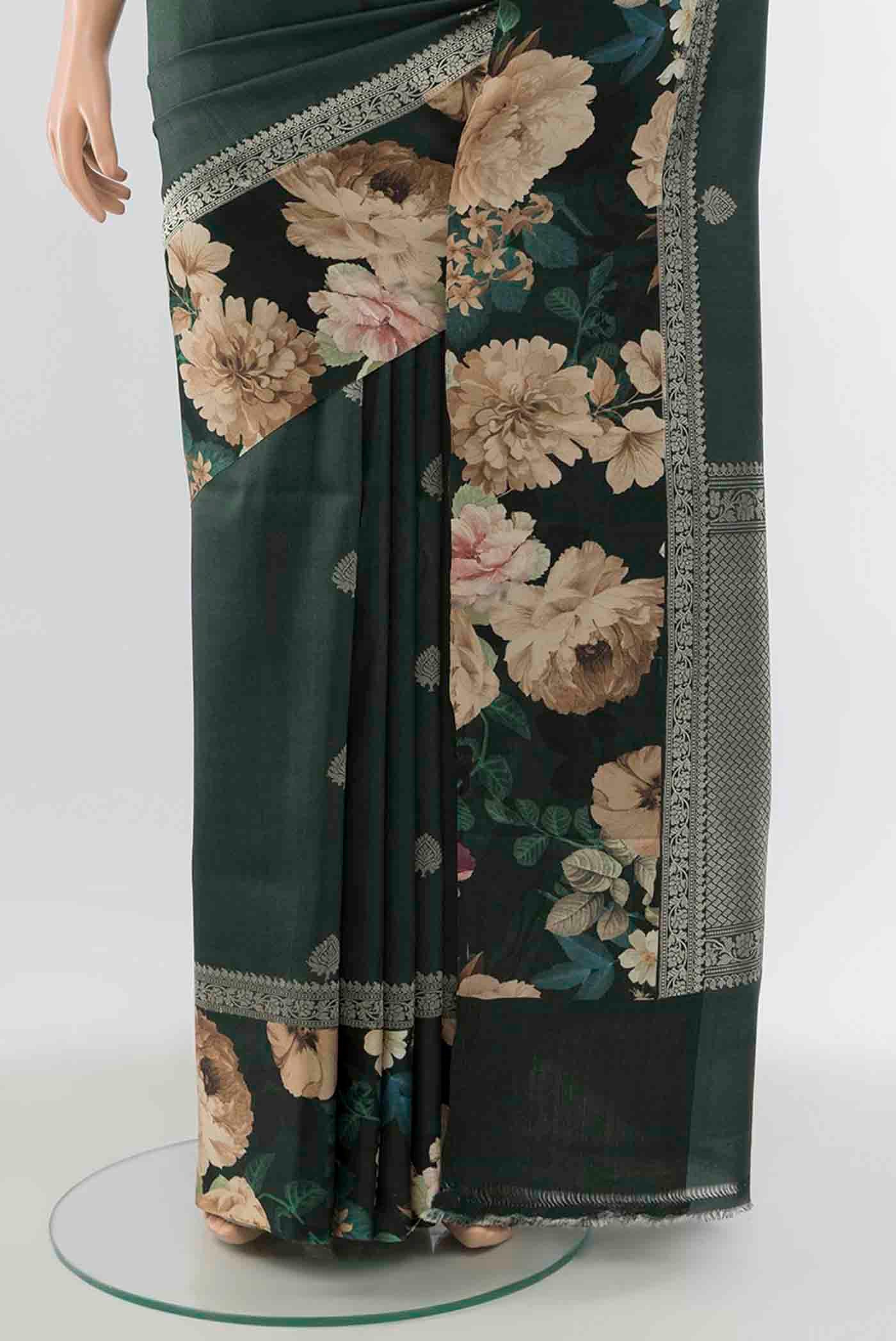 Bottle Green Tussar Silk Saree - Image 3