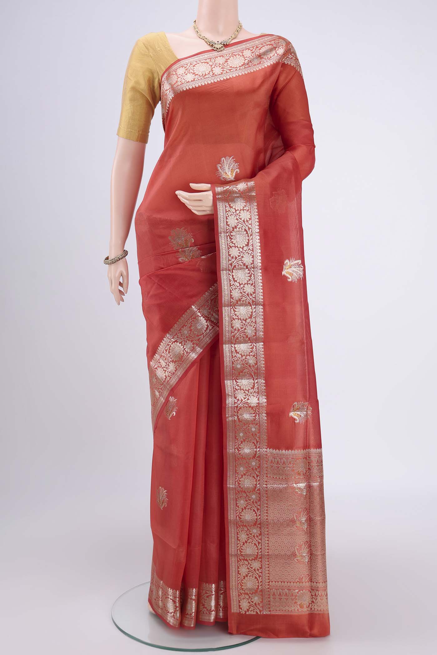 Coral Banarasi Raw Silk Saree