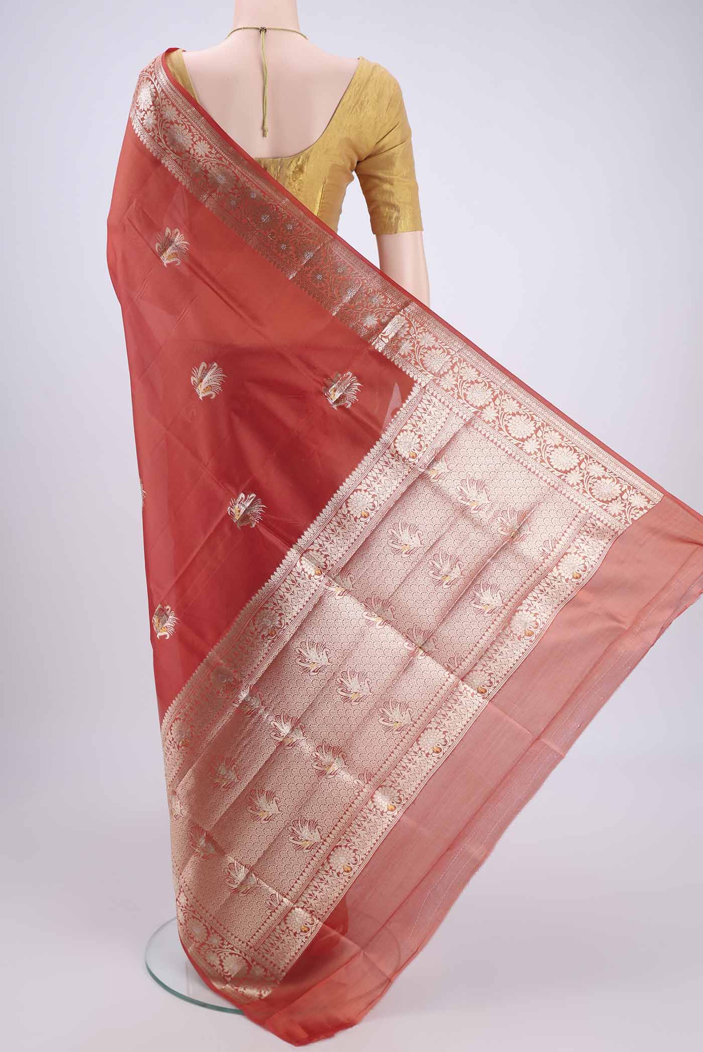 Coral Banarasi Raw Silk Saree - Image 3