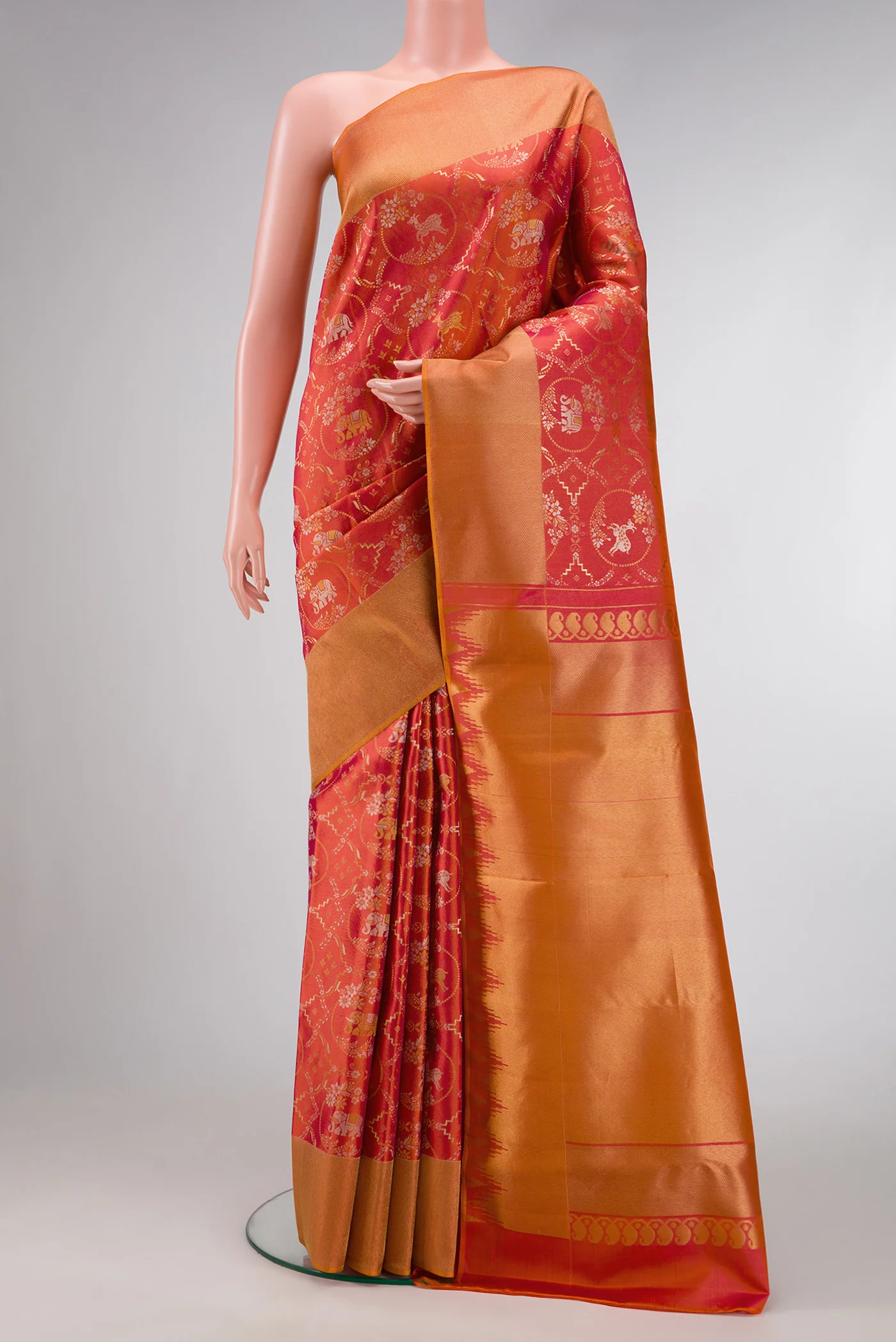 Pink with Orange Color Kanjivaram Silk Saree