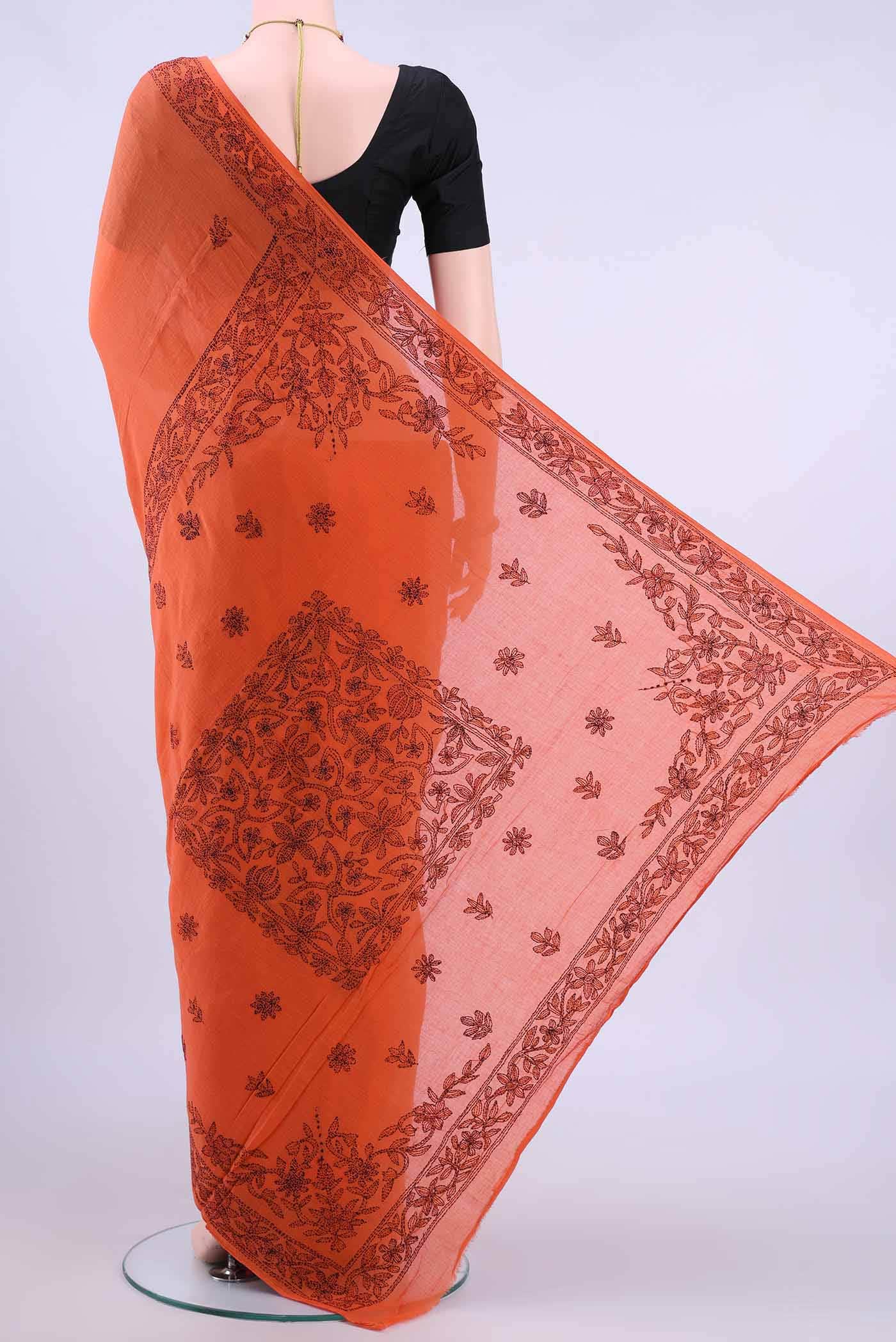 Brick Orange Kantha Silk Saree - Image 2