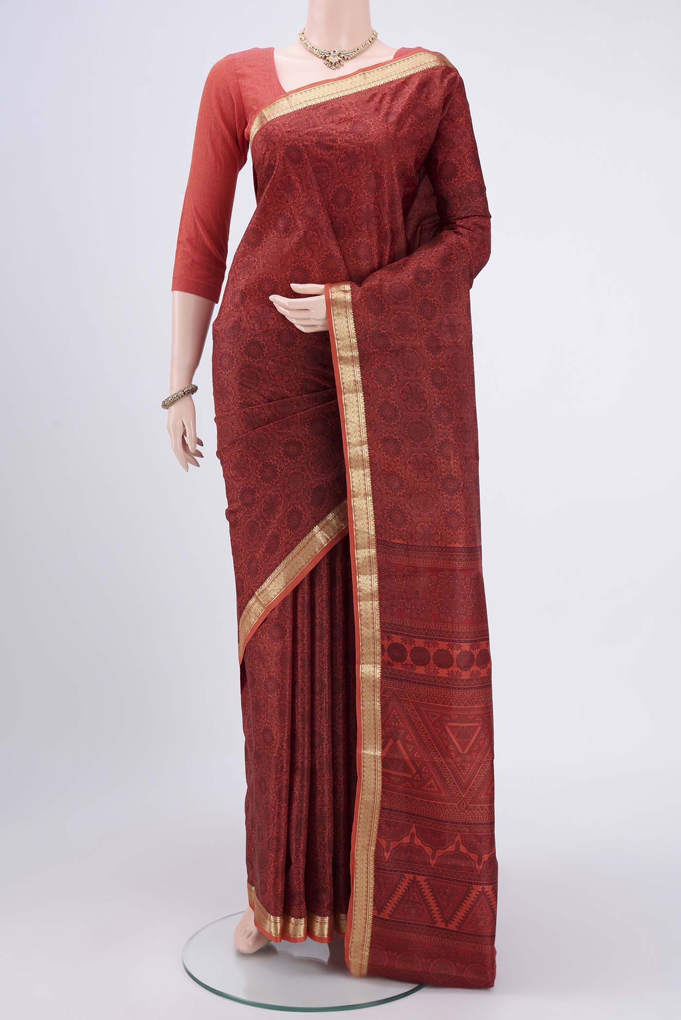 Brick Orange Printed Silk Saree