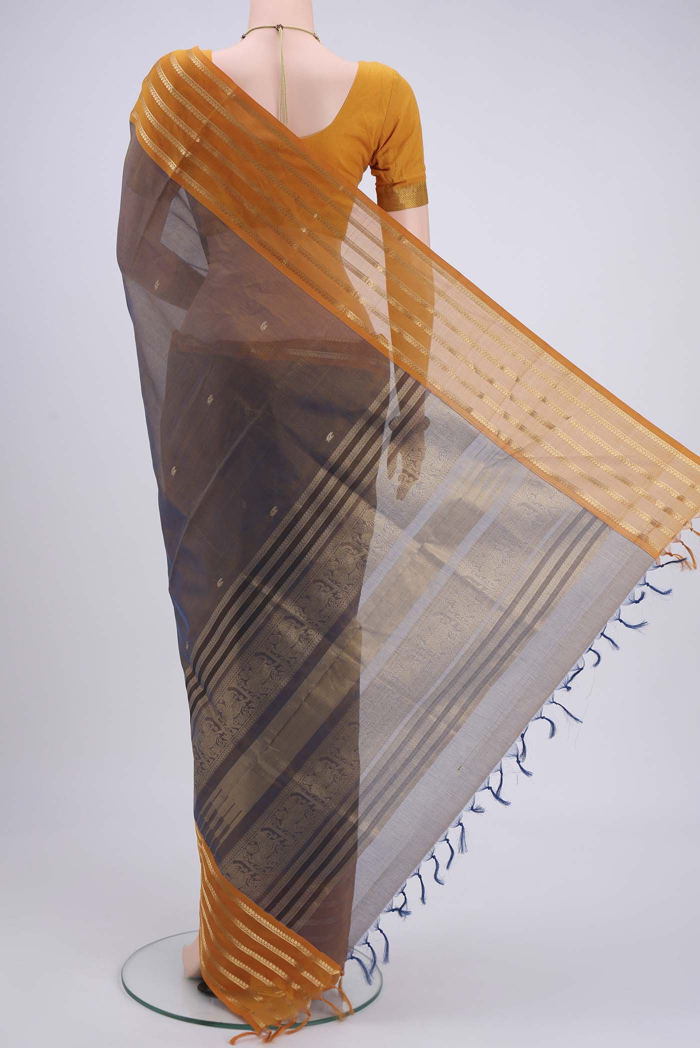 Blue with Mustard Color Coimbatore Silk Cotton Saree - Image 3