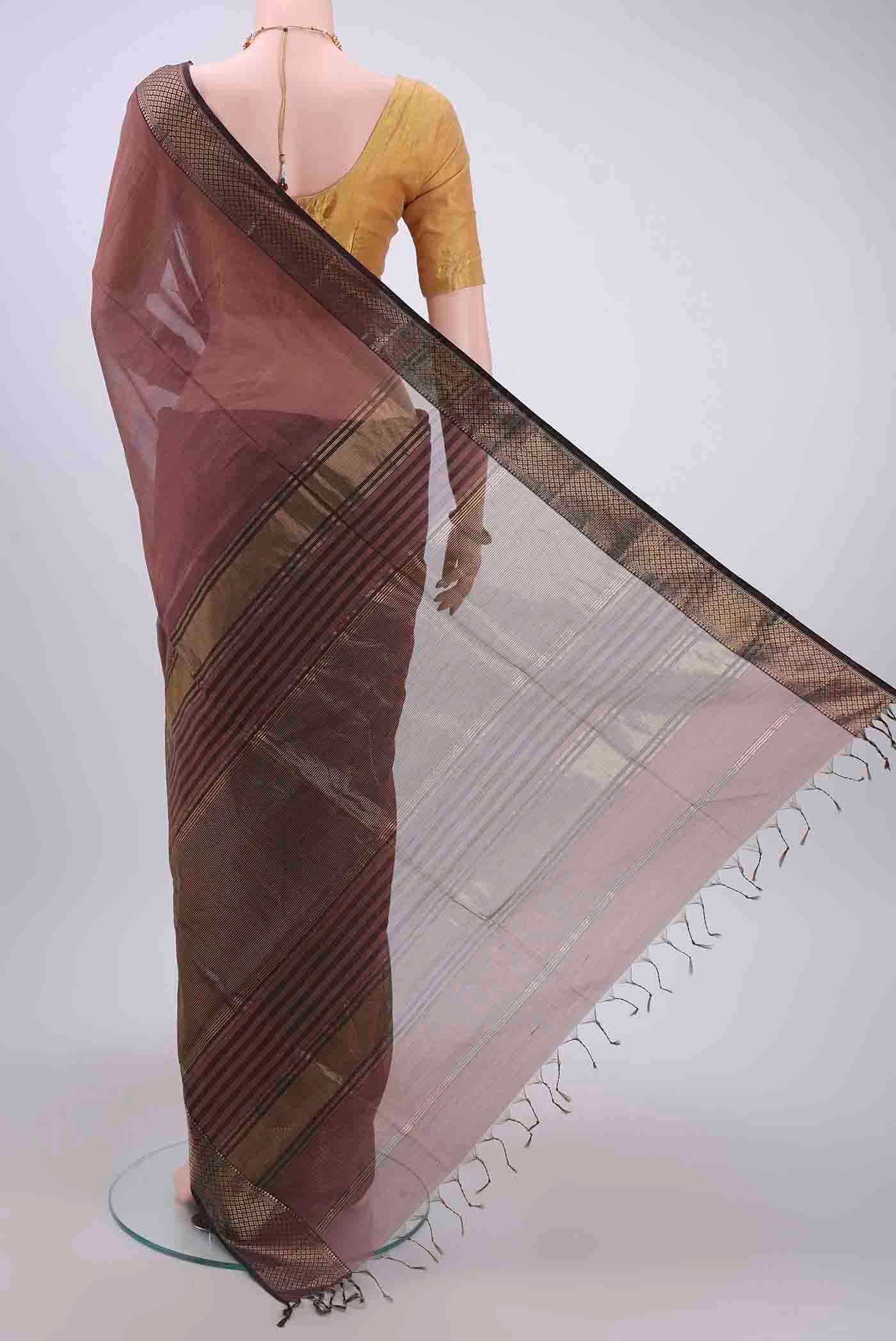 Brown Maheshwari Silk Cotton Saree - Image 3
