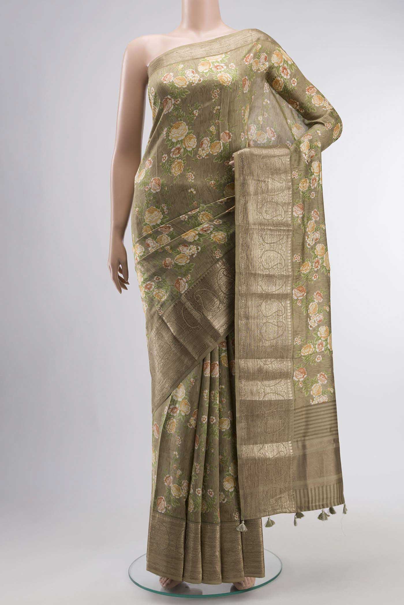Brown Printed Silk Saree