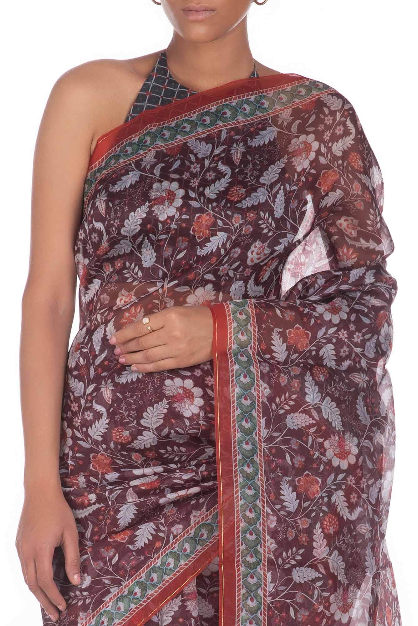 Guldasta Brown floral design saree from Chintz Collection, Designed by Nalli - Image 3