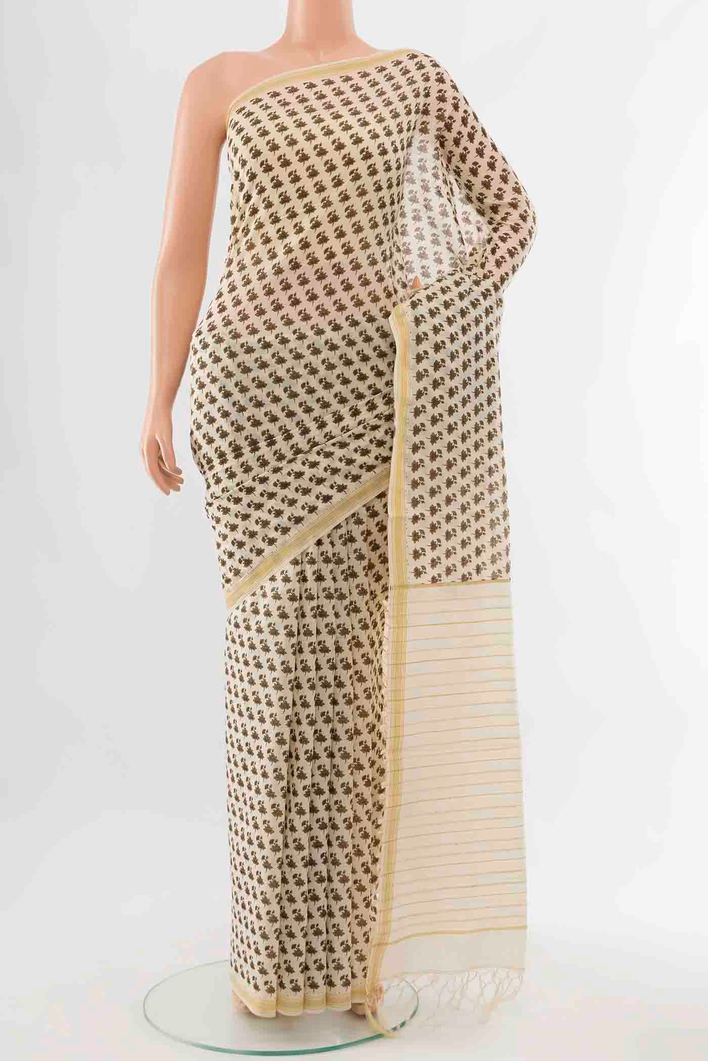 Cream Tussar Silk Saree