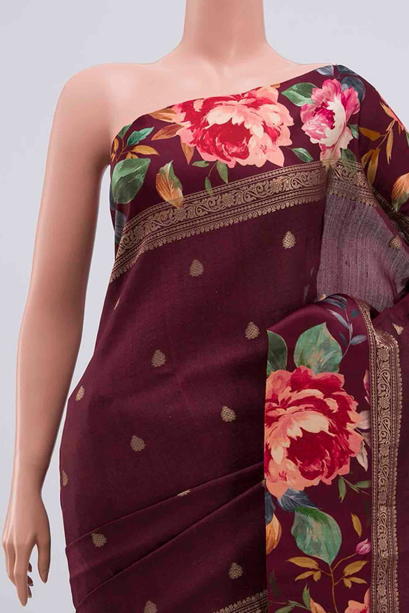 Burgundy Tussar Silk Saree - Image 2