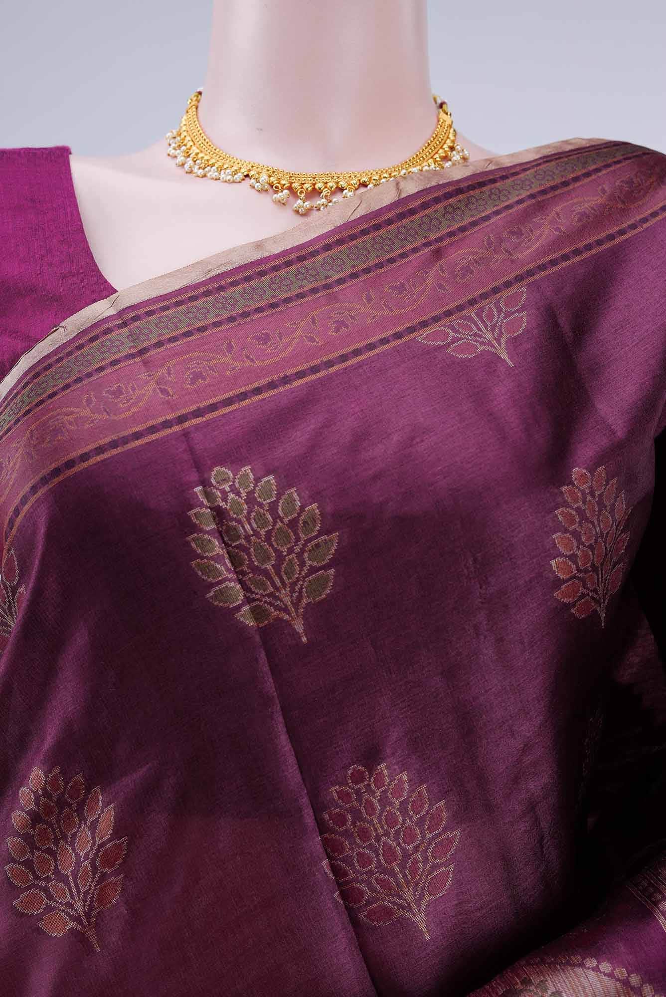 Burgundy Banarasi Tussar Silk Saree - Image 3