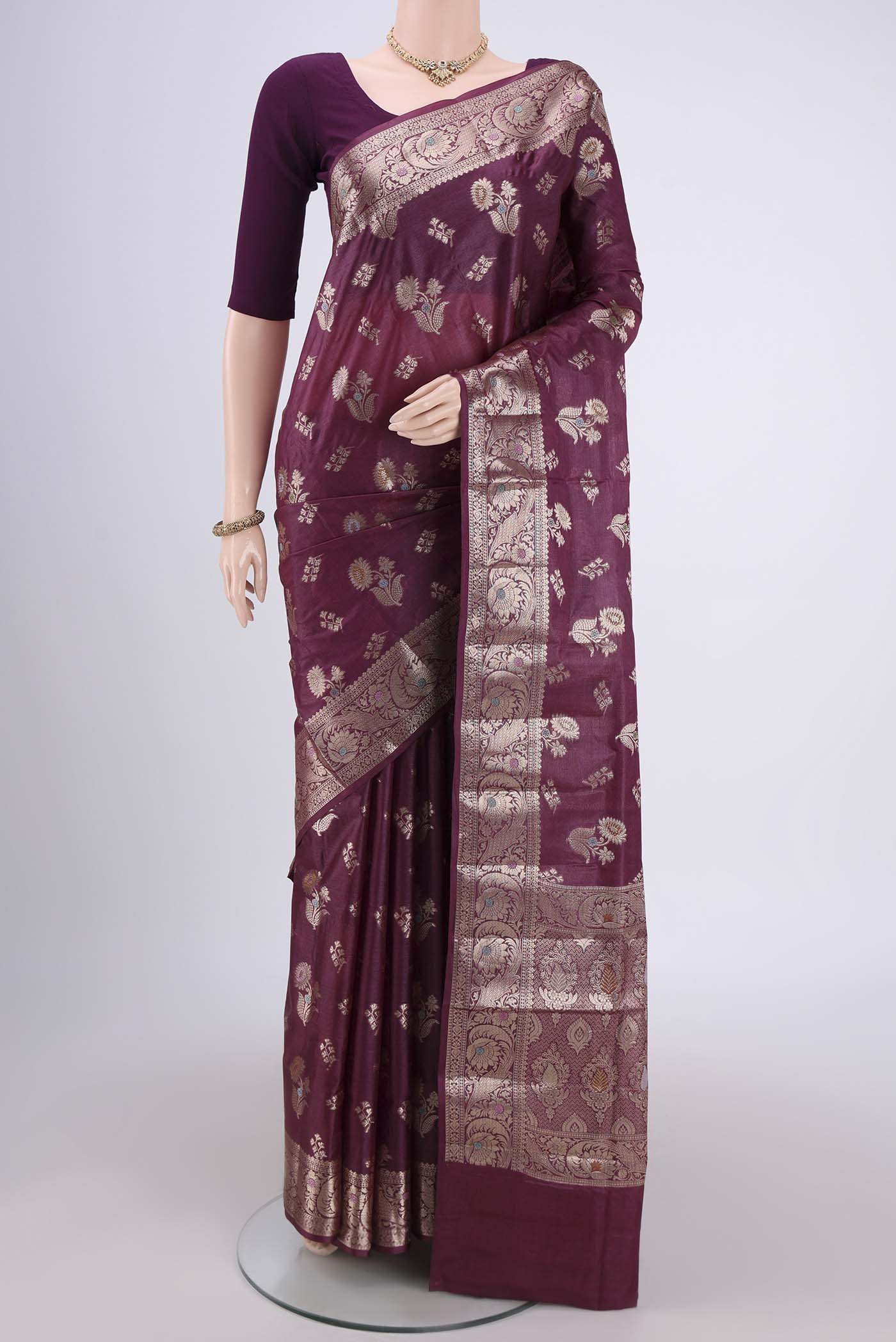 Burgundy Banarasi Tussar Silk Saree