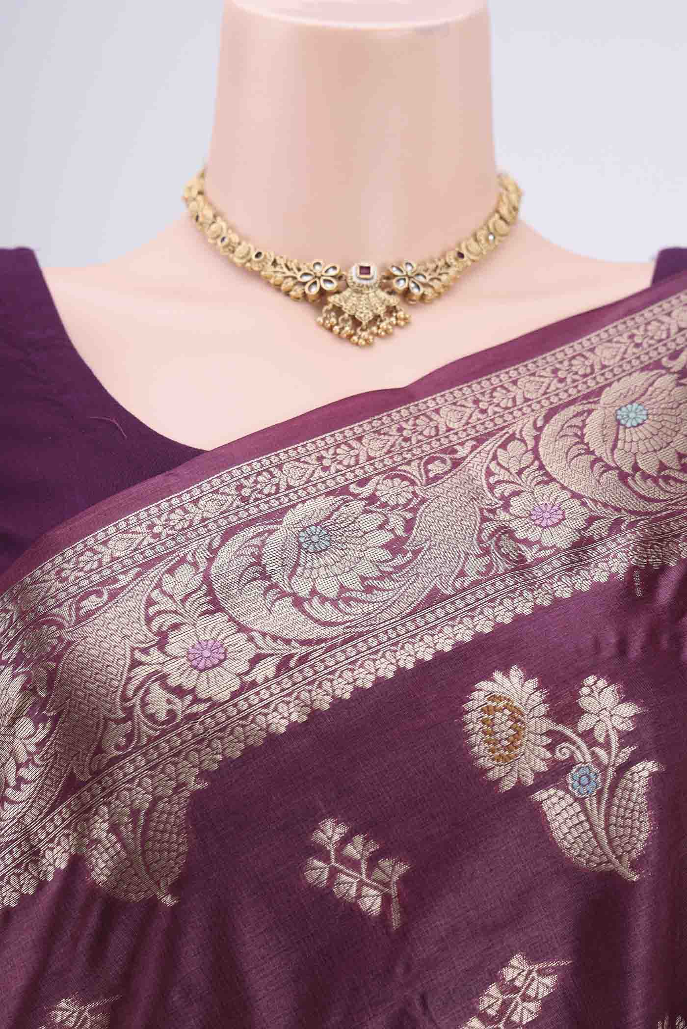 Burgundy Banarasi Tussar Silk Saree - Image 2