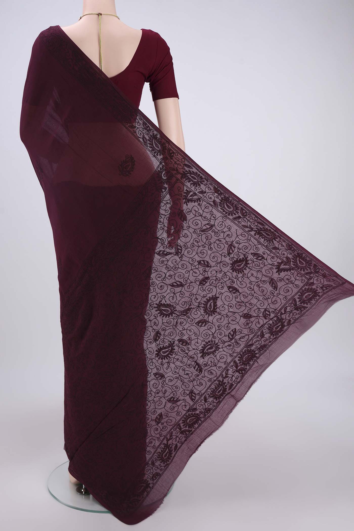 Coffee Brown Bengal Cotton - Kantha Saree - Image 3
