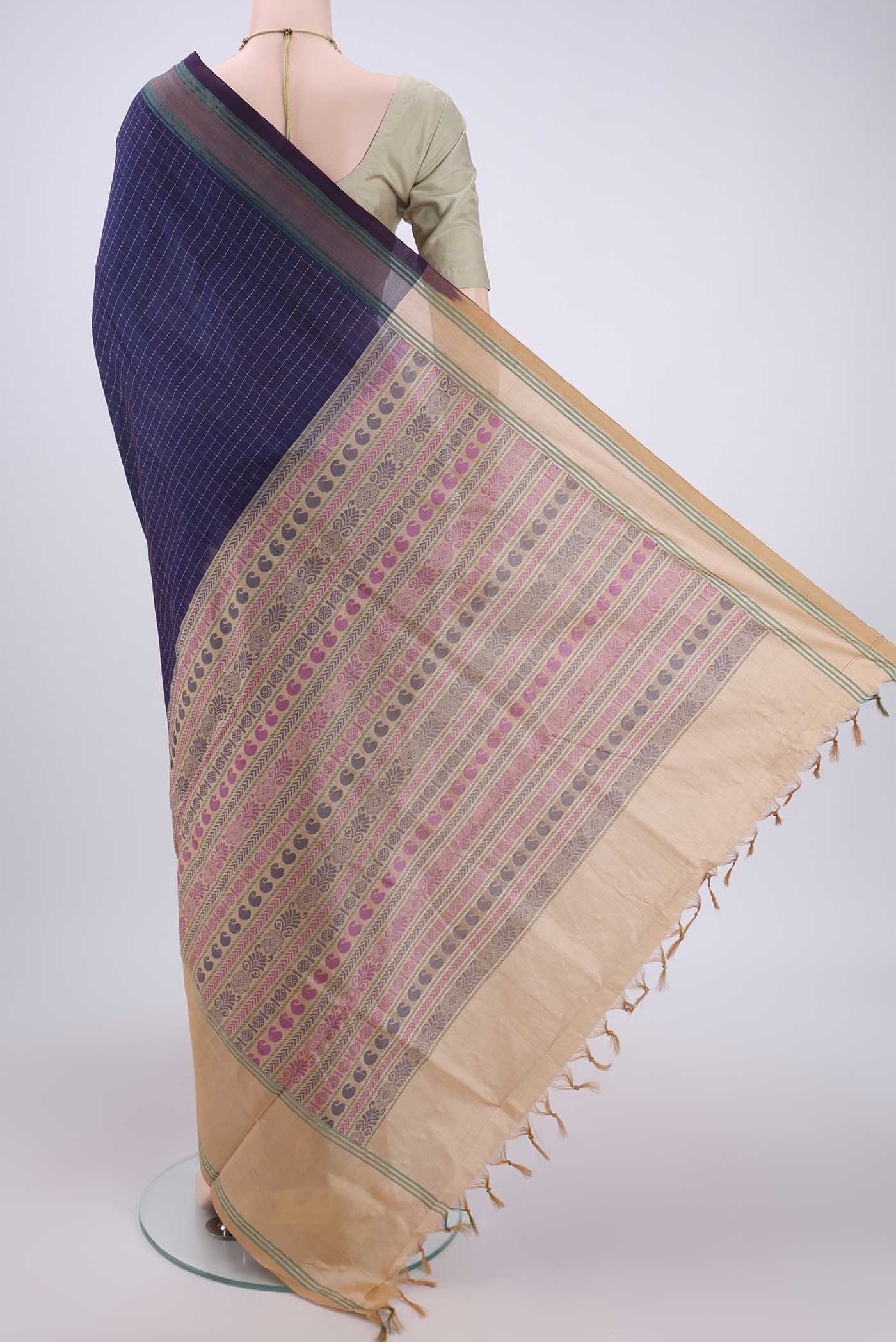 Navy Blue Blended Poly Cotton Saree - Image 3