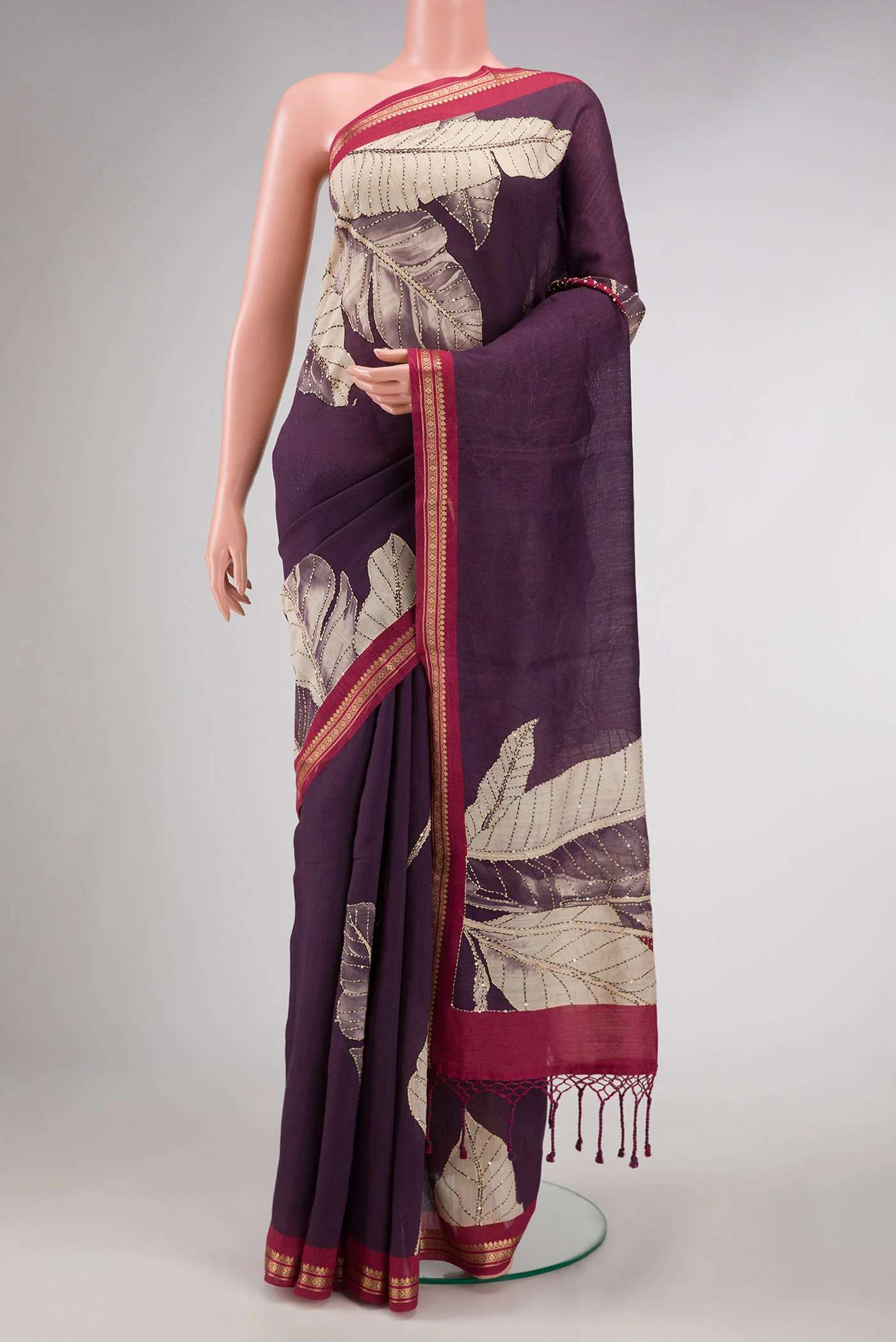 Burgundy Dual Tone Tussar Silk Saree
