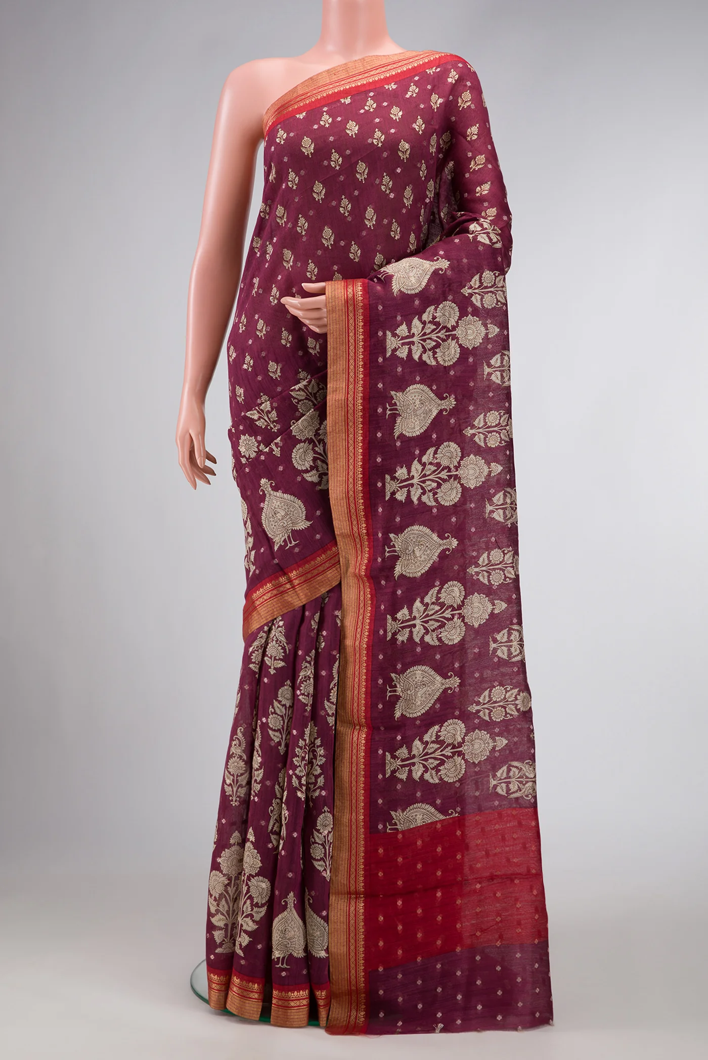 Burgundy Tussar Silk Saree