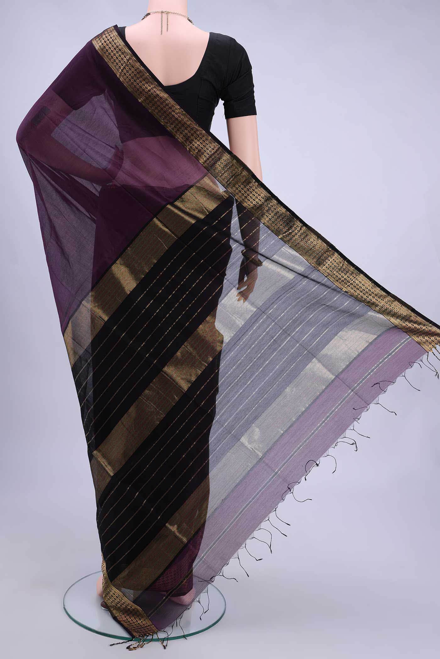 Burgundy Maheshwari Silk Cotton Saree - Image 2