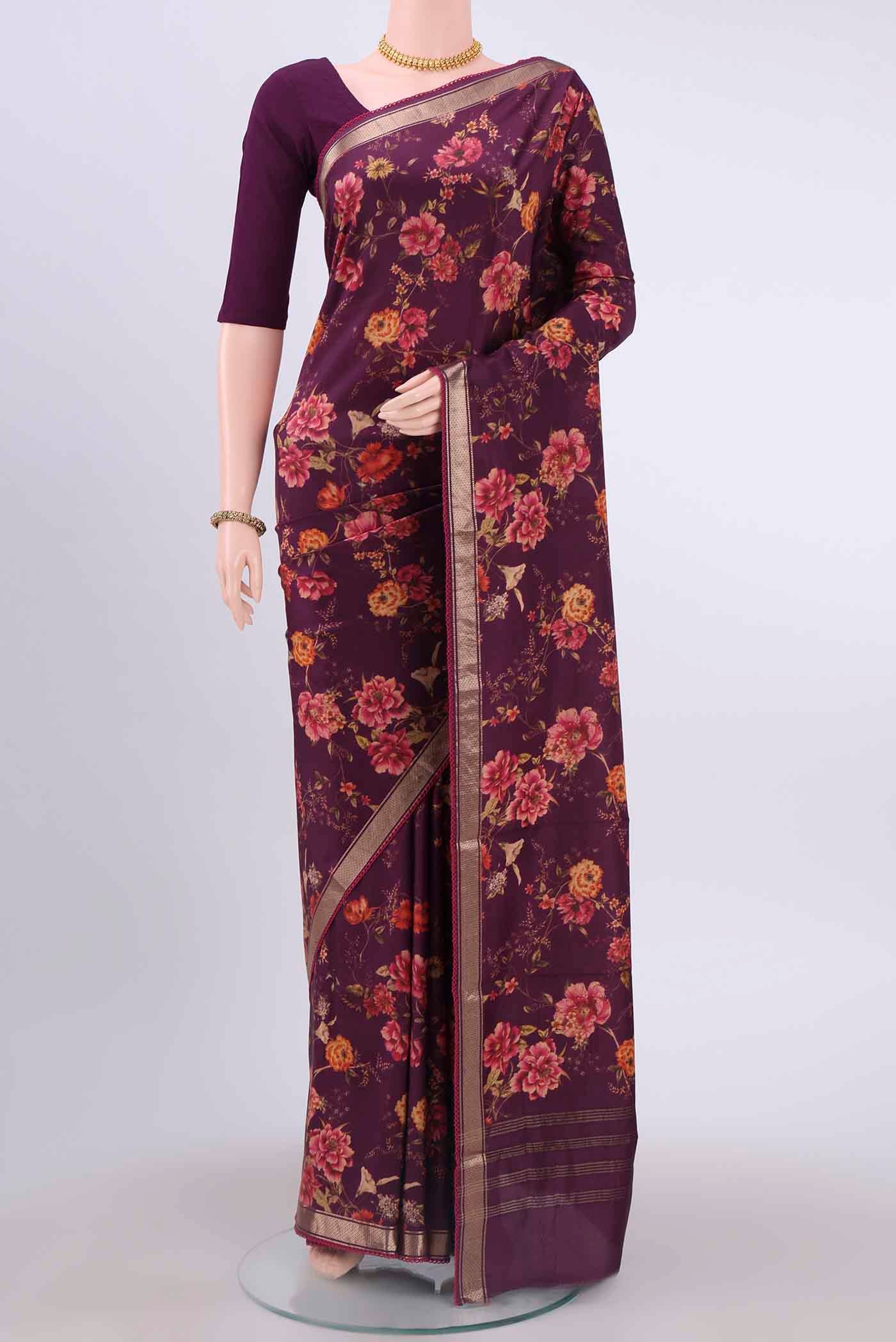 Burgundy Printed Silk Saree