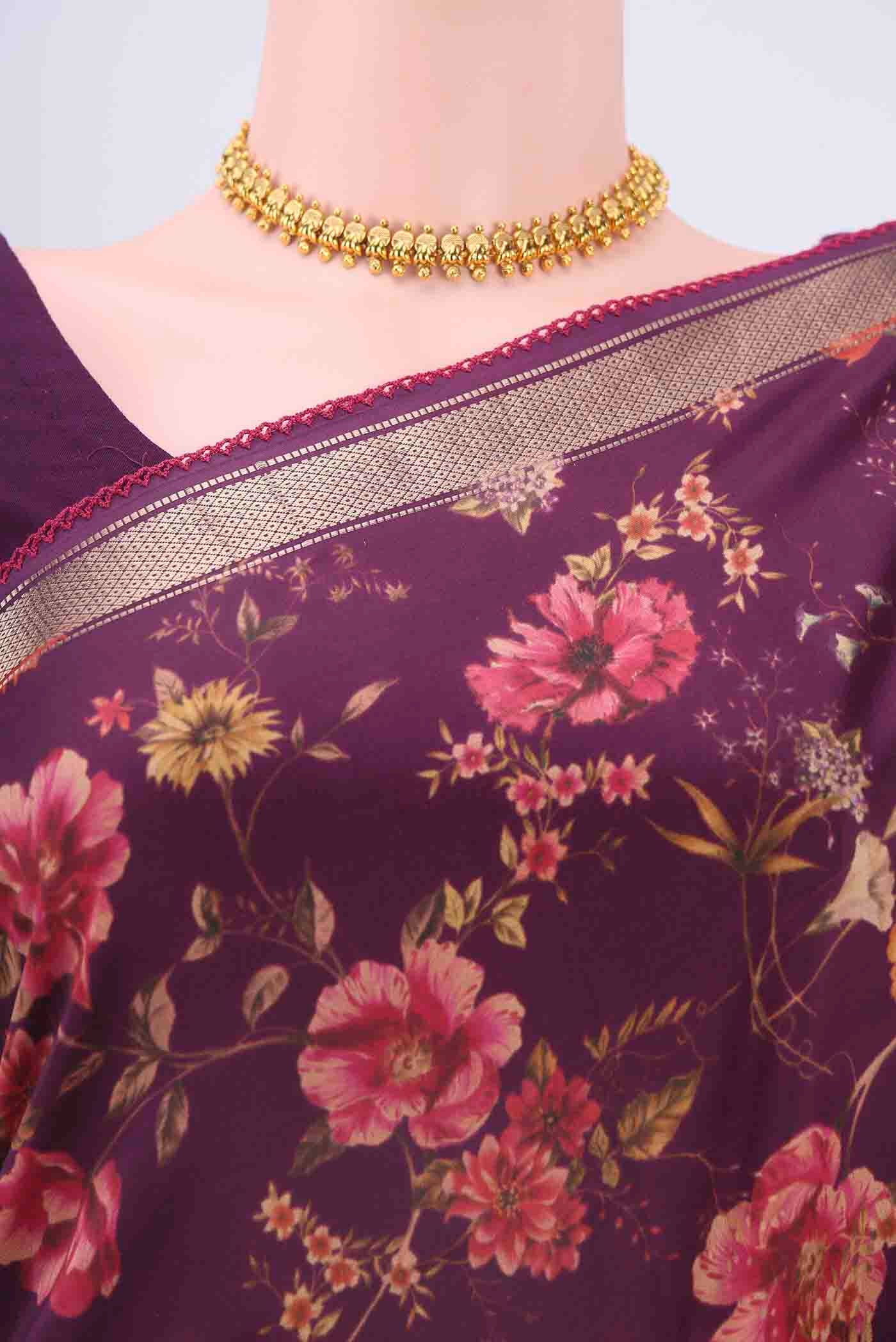 Burgundy Printed Silk Saree - Image 2
