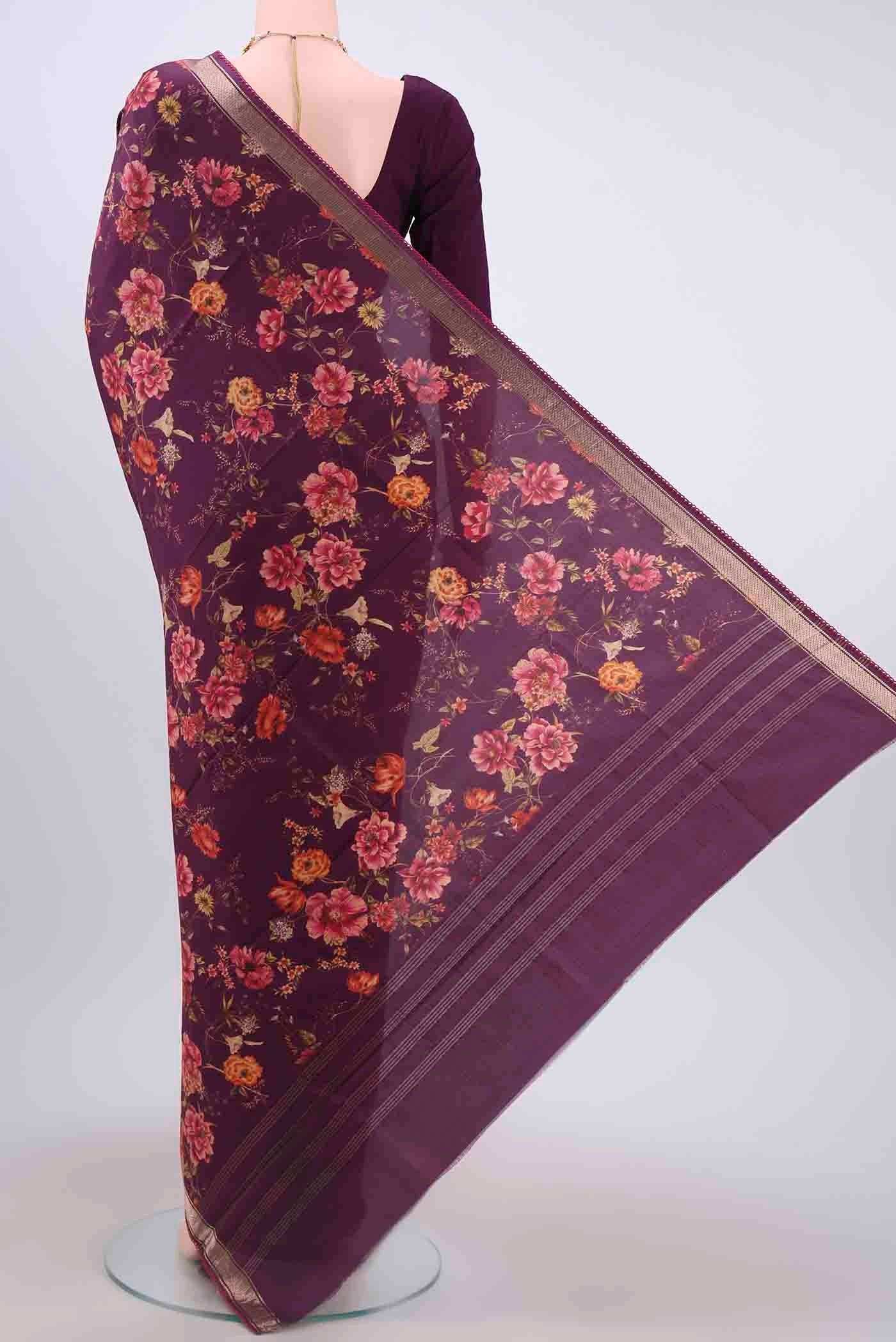 Burgundy Printed Silk Saree - Image 3