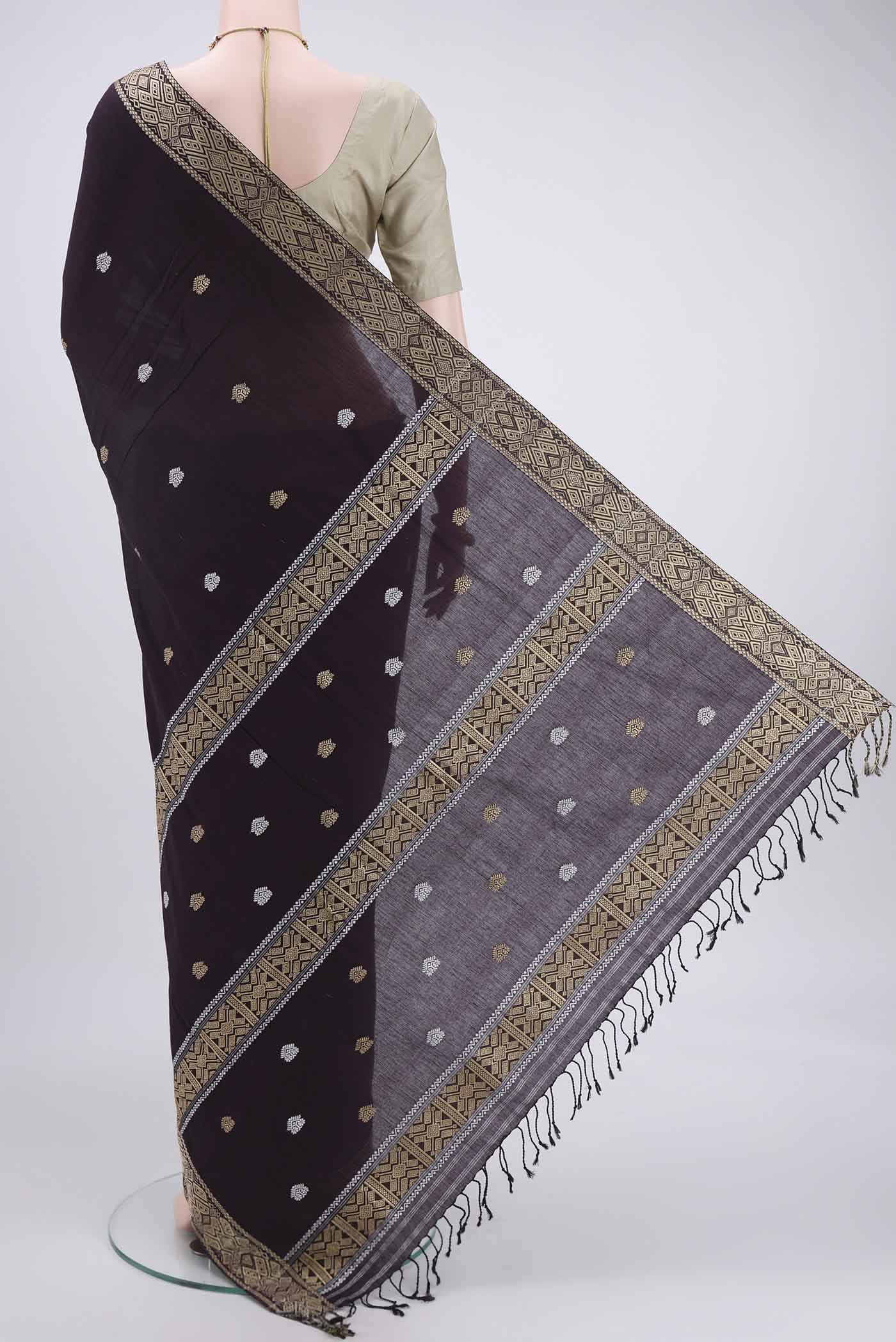Coffee Brown Assam Cotton Saree - Image 3