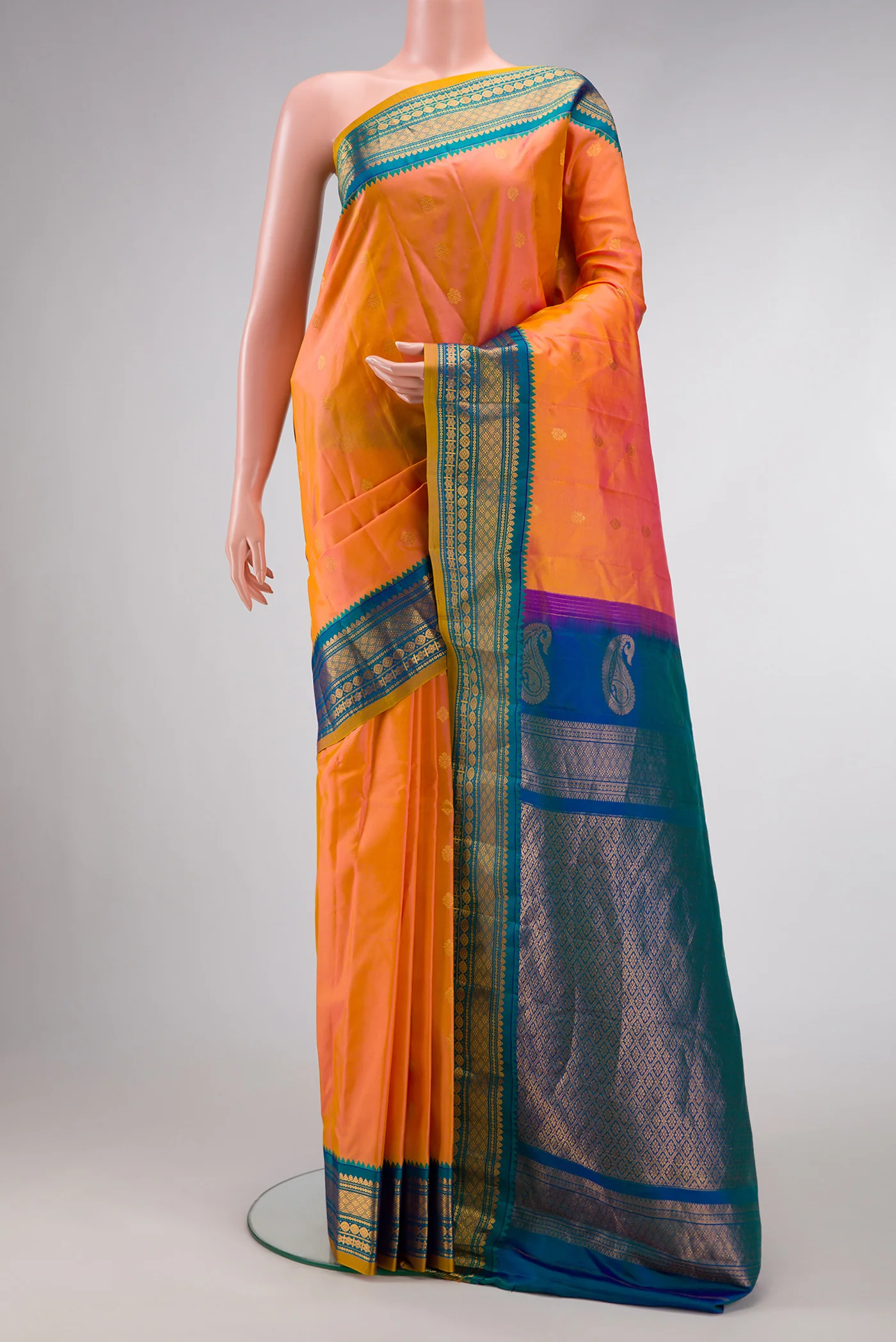 Peach with Yellow Color Gadwal Silk Saree