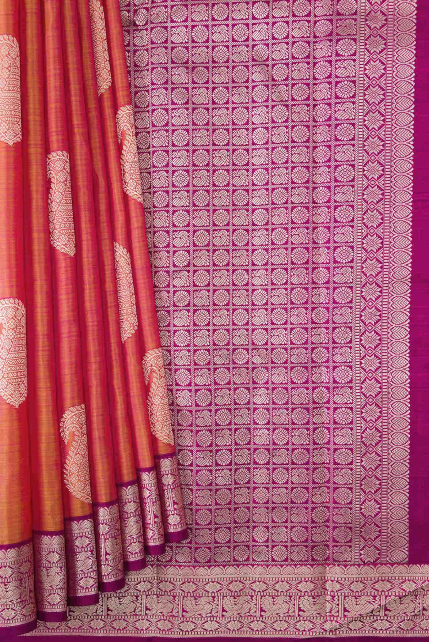 Coral Dual Tone Kanjivaram Silk Saree - Image 2