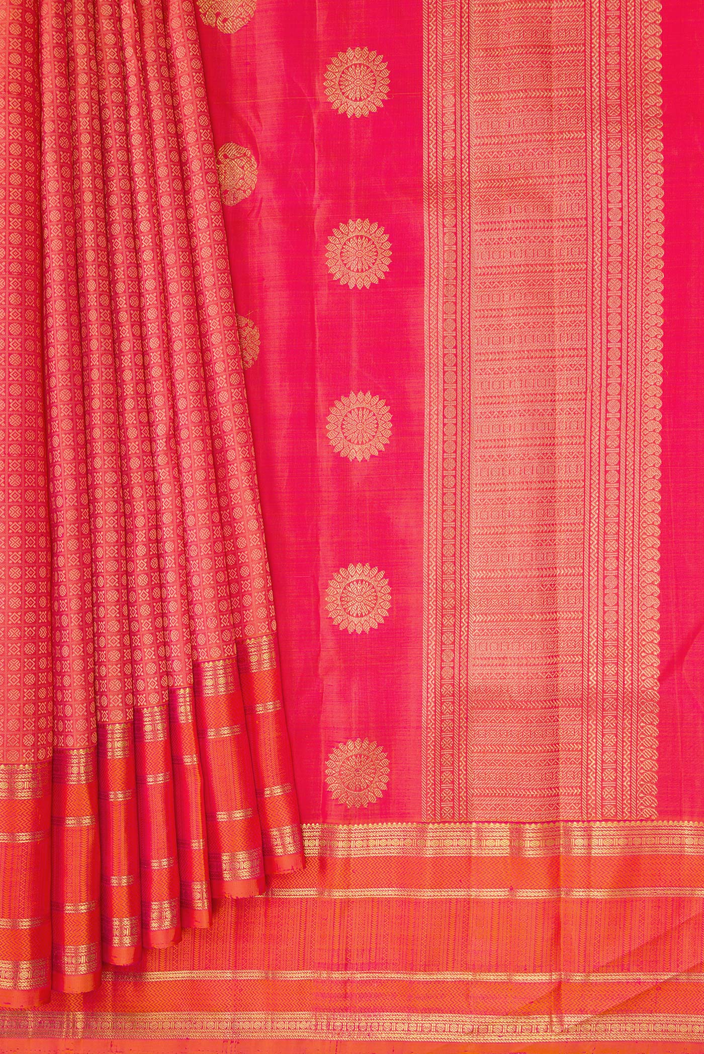 Pure Silk Pure Zari Coral Dual Tone Kanjivaram Saree - Image 4