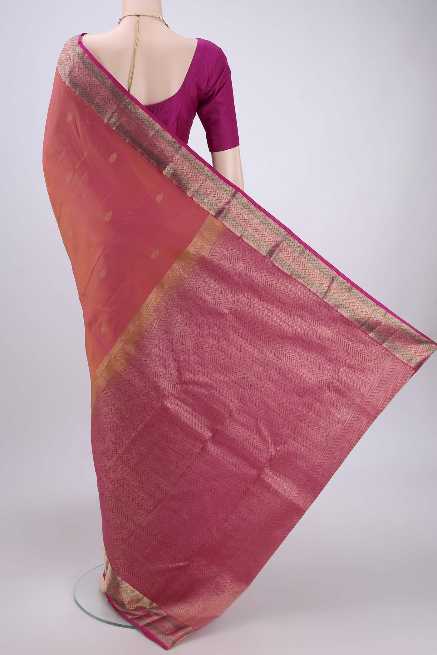 Coral Kanchipuram Silk Saree - Image 3