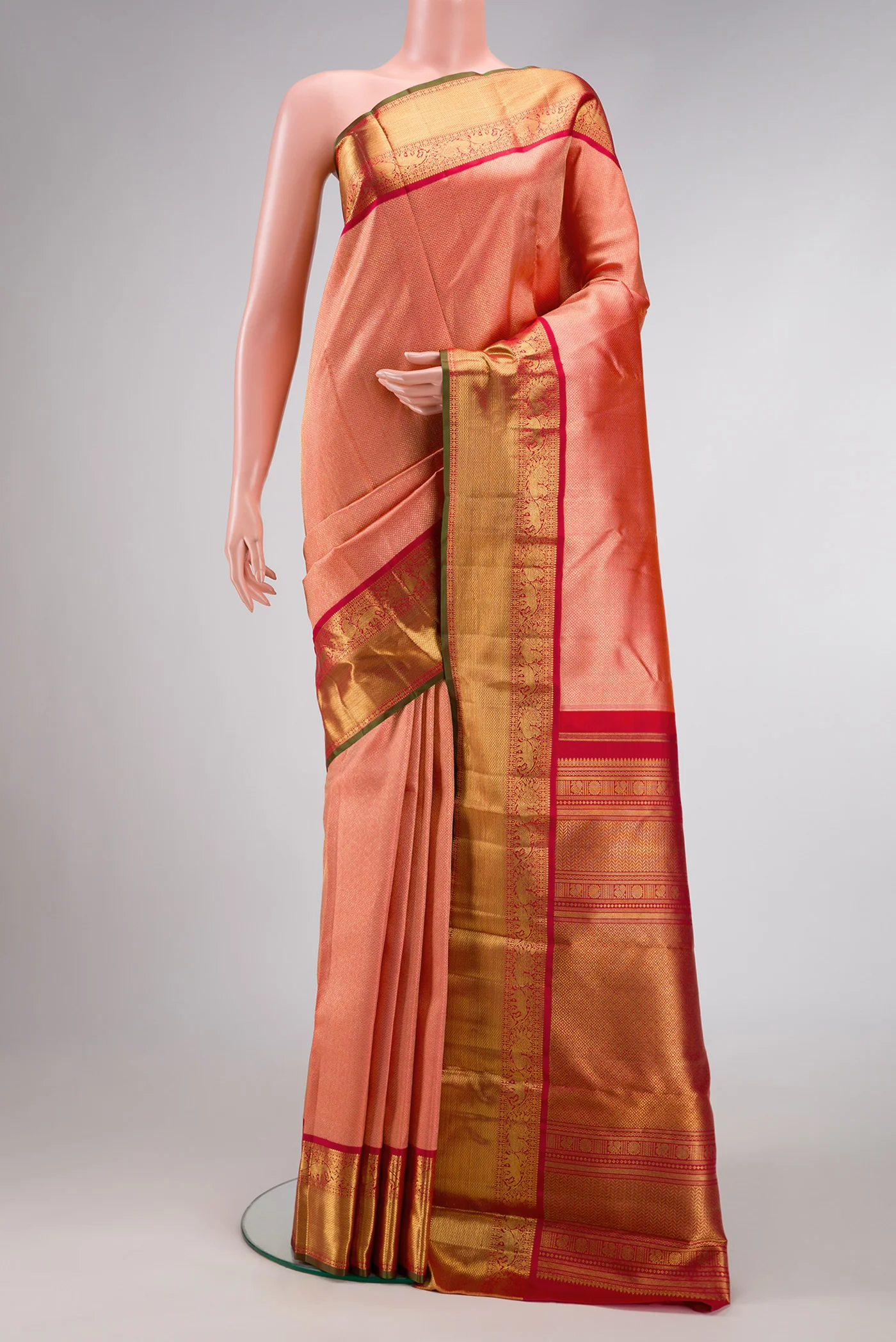 Pure Silk Pure Zari Coral Kanjivaram Saree