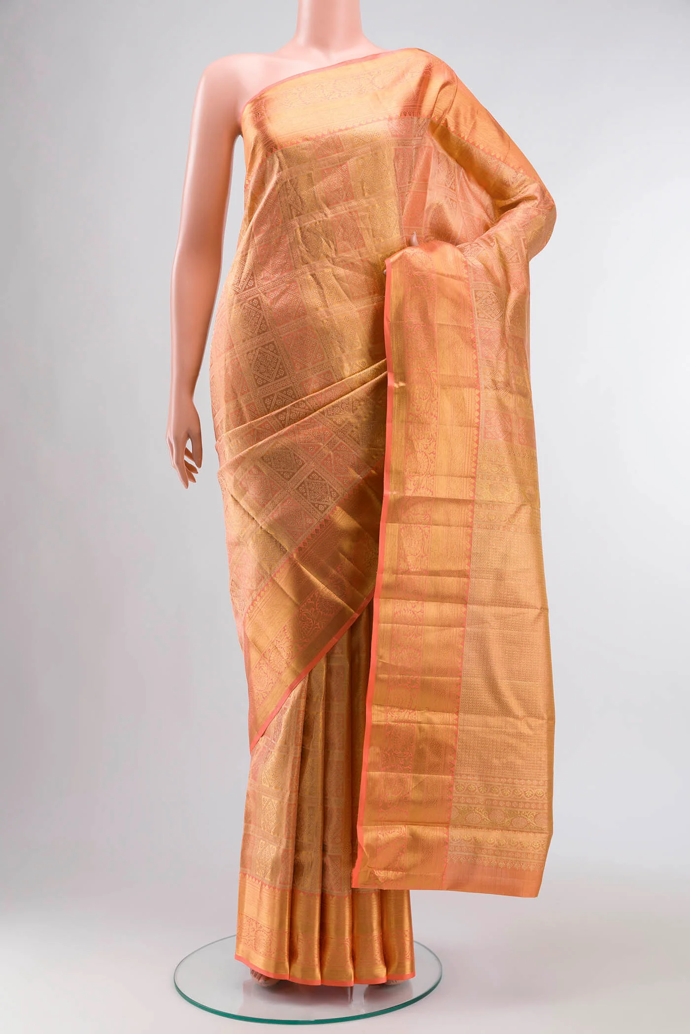 Coral with Gold Color Kanjivaram Tissue Silk Saree