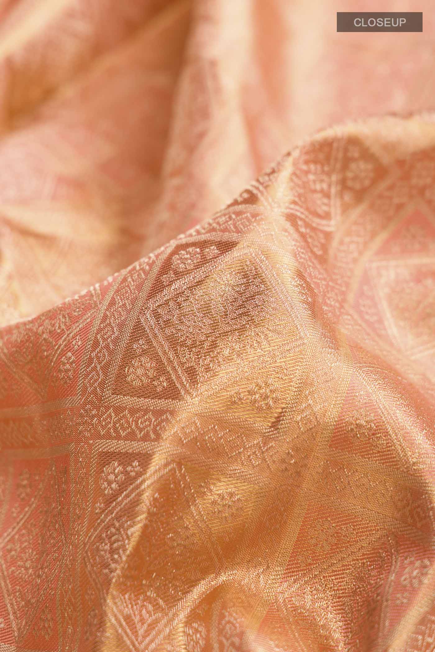Coral with Gold Color Kanjivaram Tissue Silk Saree - Image 2