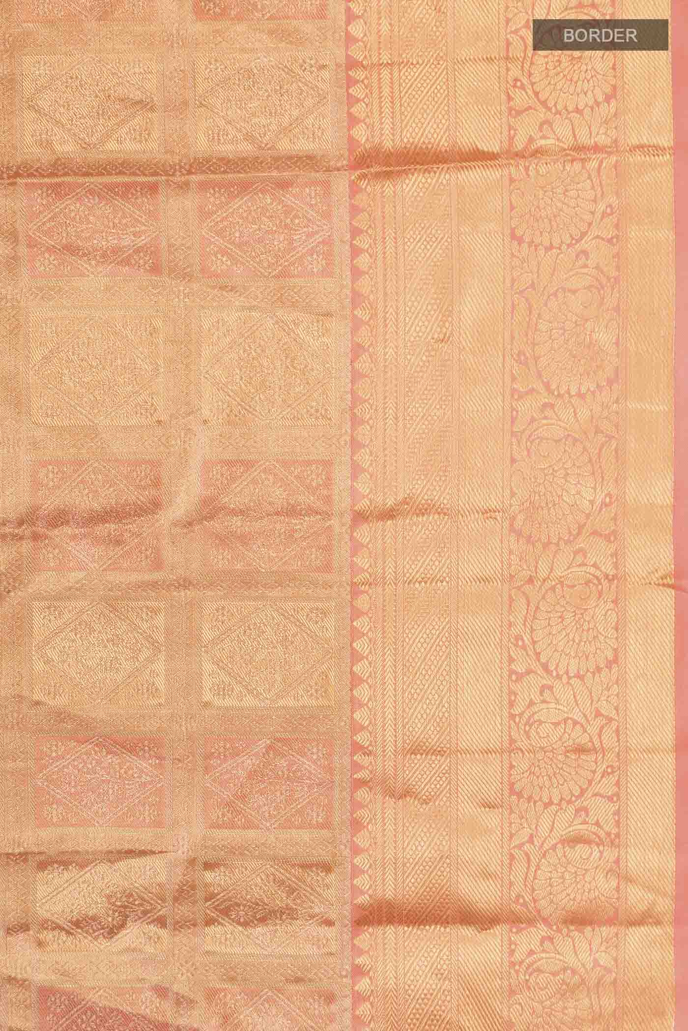 Coral with Gold Color Kanjivaram Tissue Silk Saree - Image 3