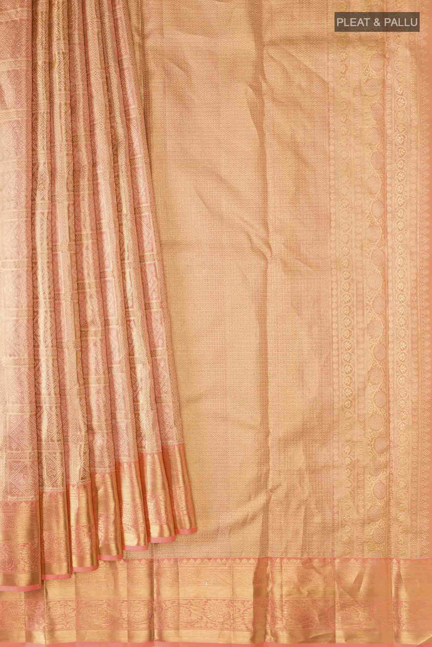 Coral with Gold Color Kanjivaram Tissue Silk Saree - Image 4